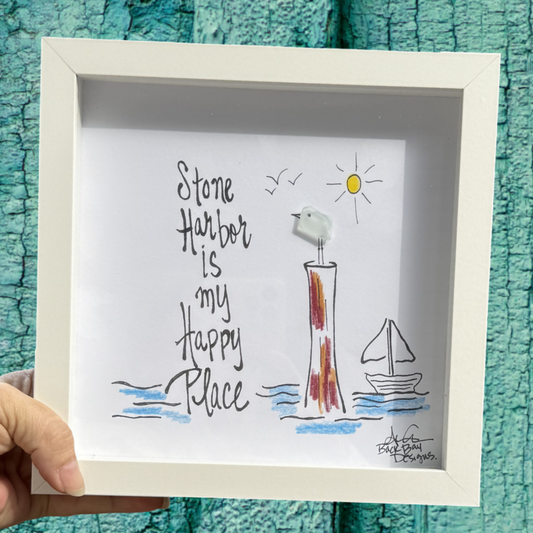 Stone harbor is my happy place seabird on piling 8inch sea glass art 