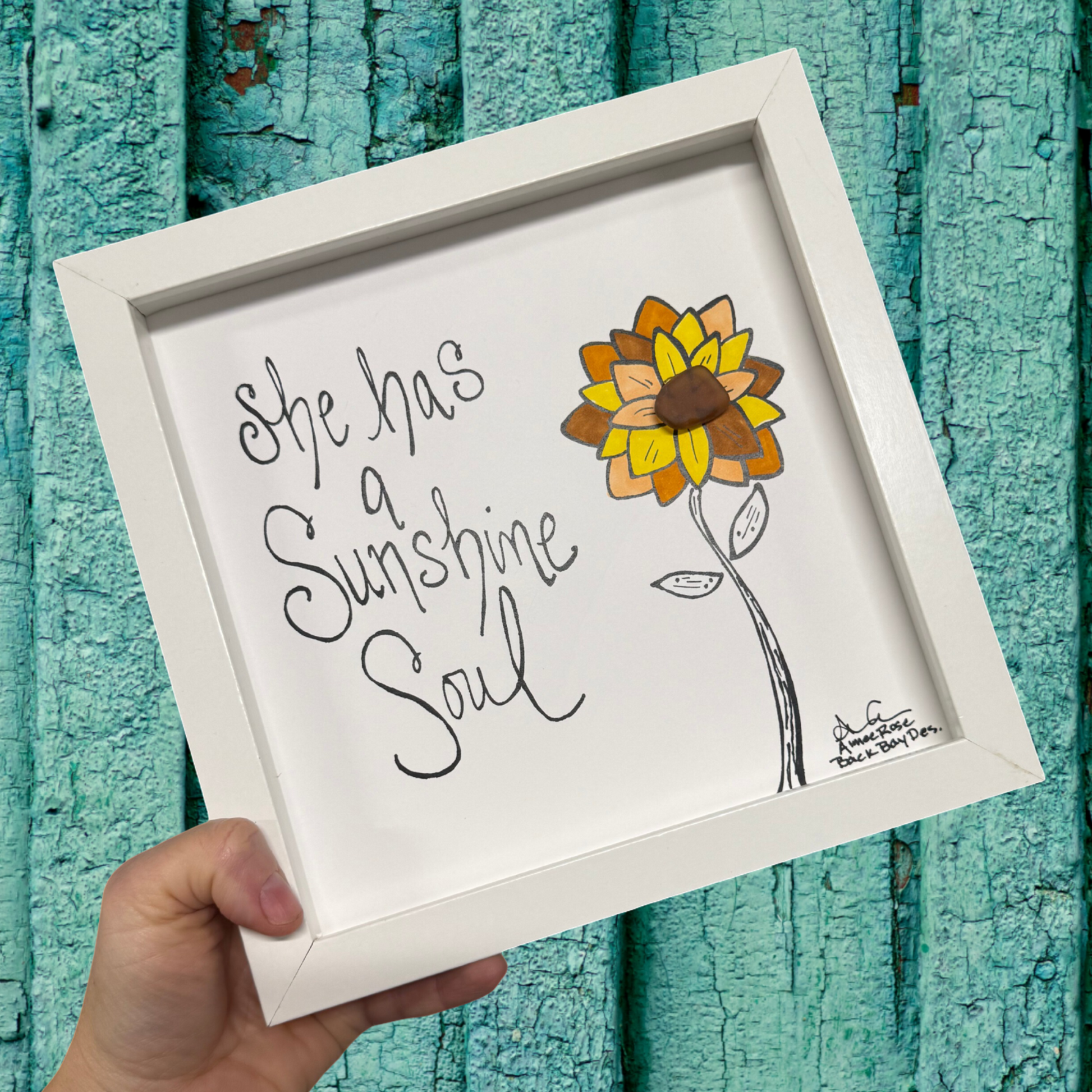 Sunshine soul sunflower with color 8x8 sea glass art 