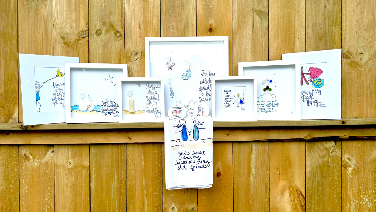 Brown Wood Foward Banner Assorted Sea Glass Art TEA TOWEL 