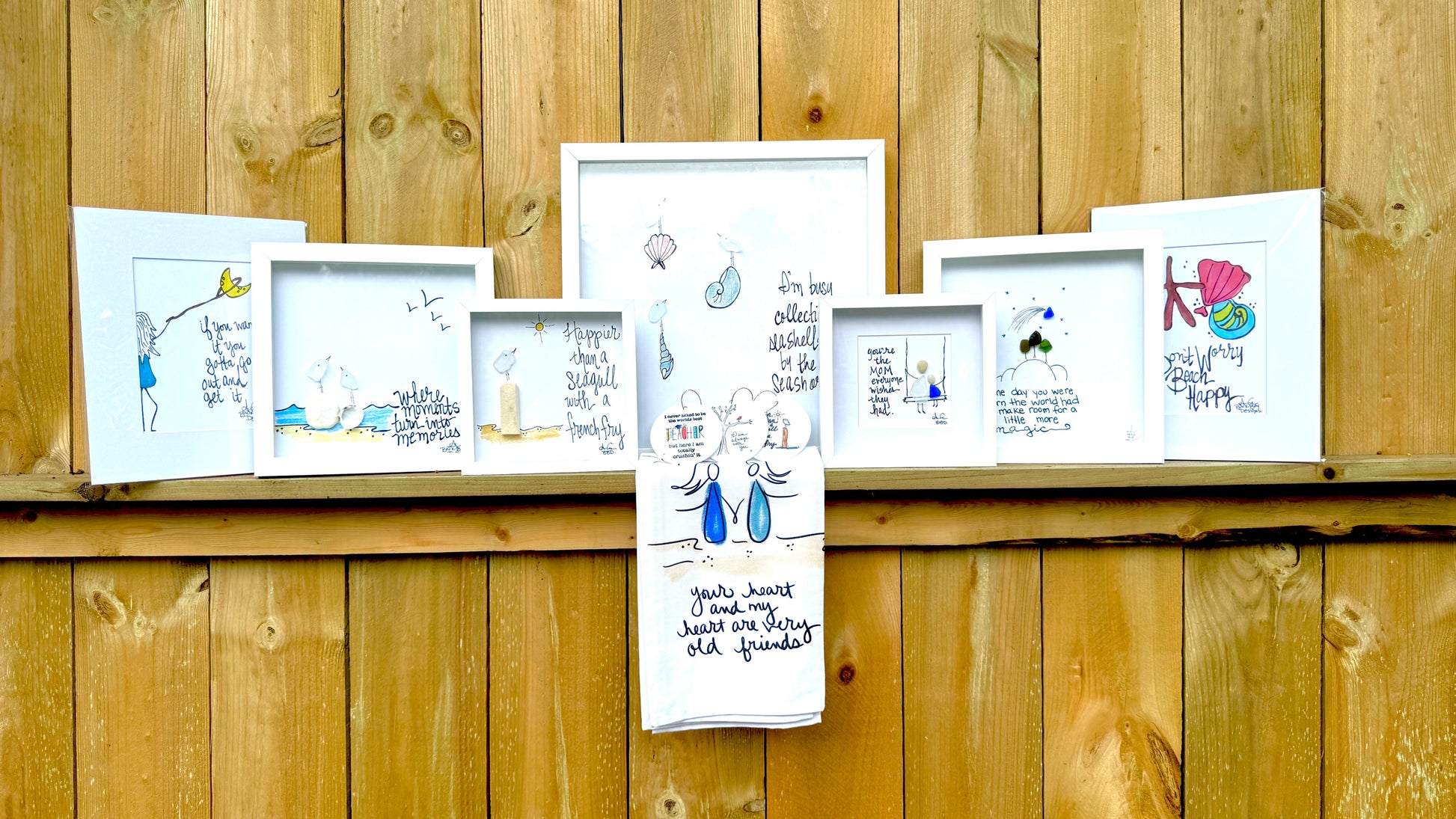 Brown Wood Foward Banner Assorted Sea Glass Art TEA TOWEL 