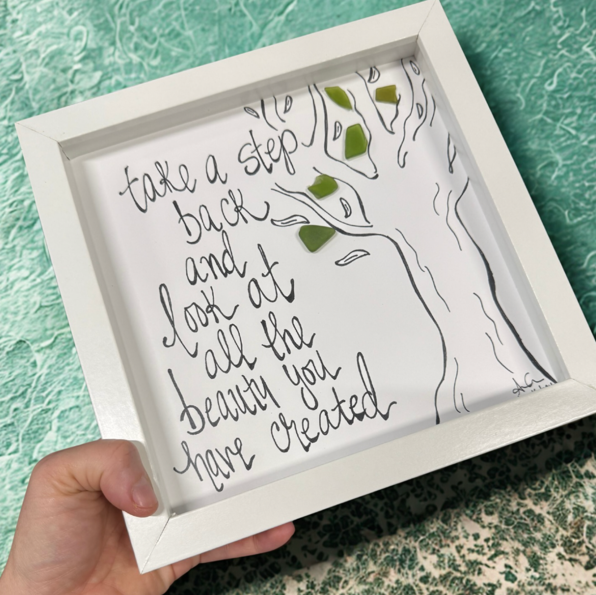 Take a step back tree 8x8 sea glass art 