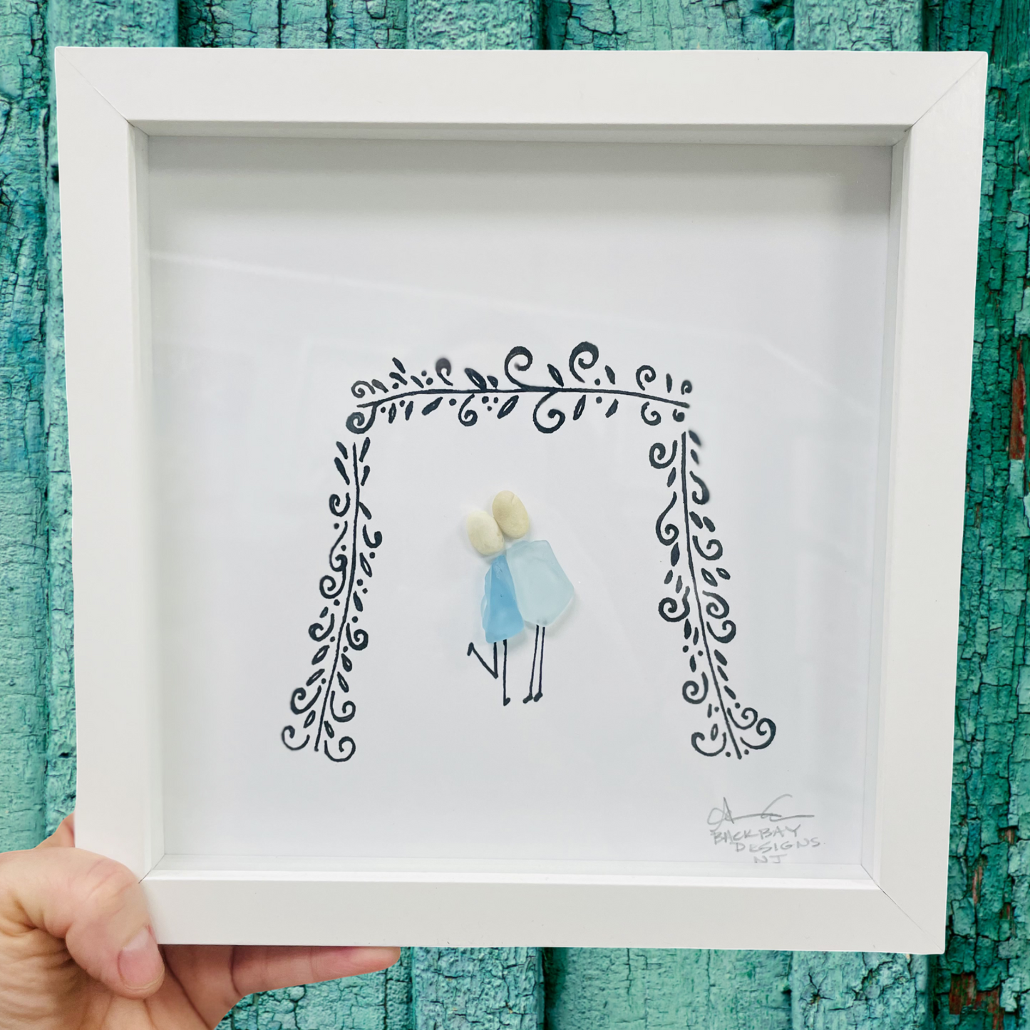 The kiss couple kissing under trellis chuppah 8 in sea glass art 