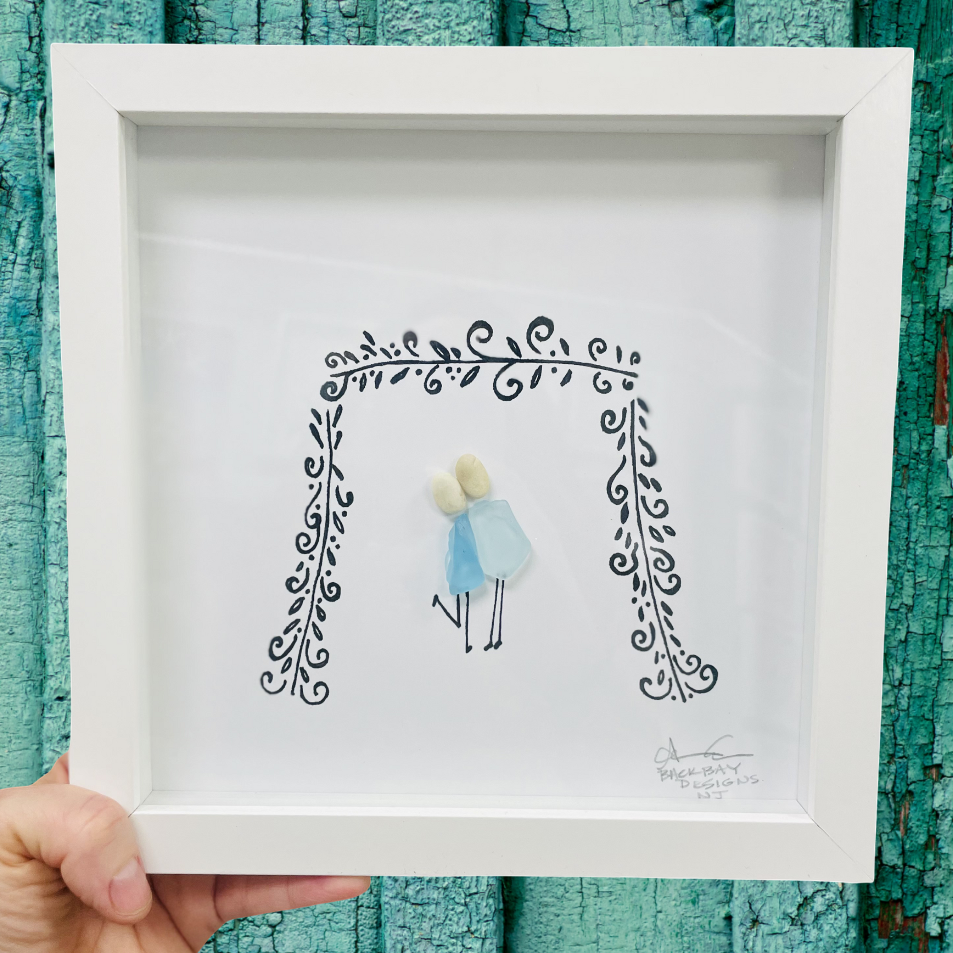 The kiss couple kissing under trellis chuppah 8 in sea glass art 