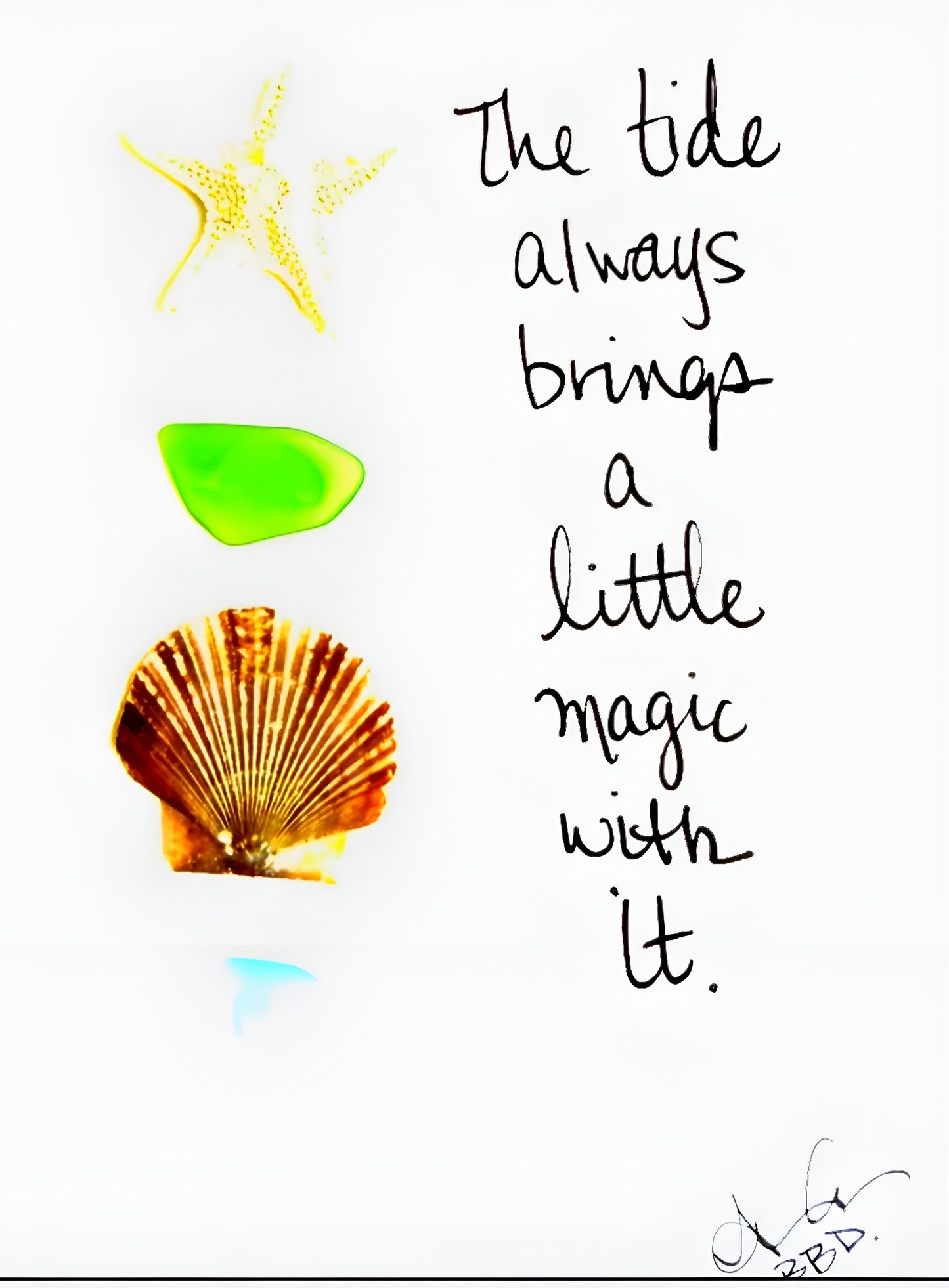 Tide Brings Magic  - SLIM Sea Glass Art,  5x7 Whitewash Frame
