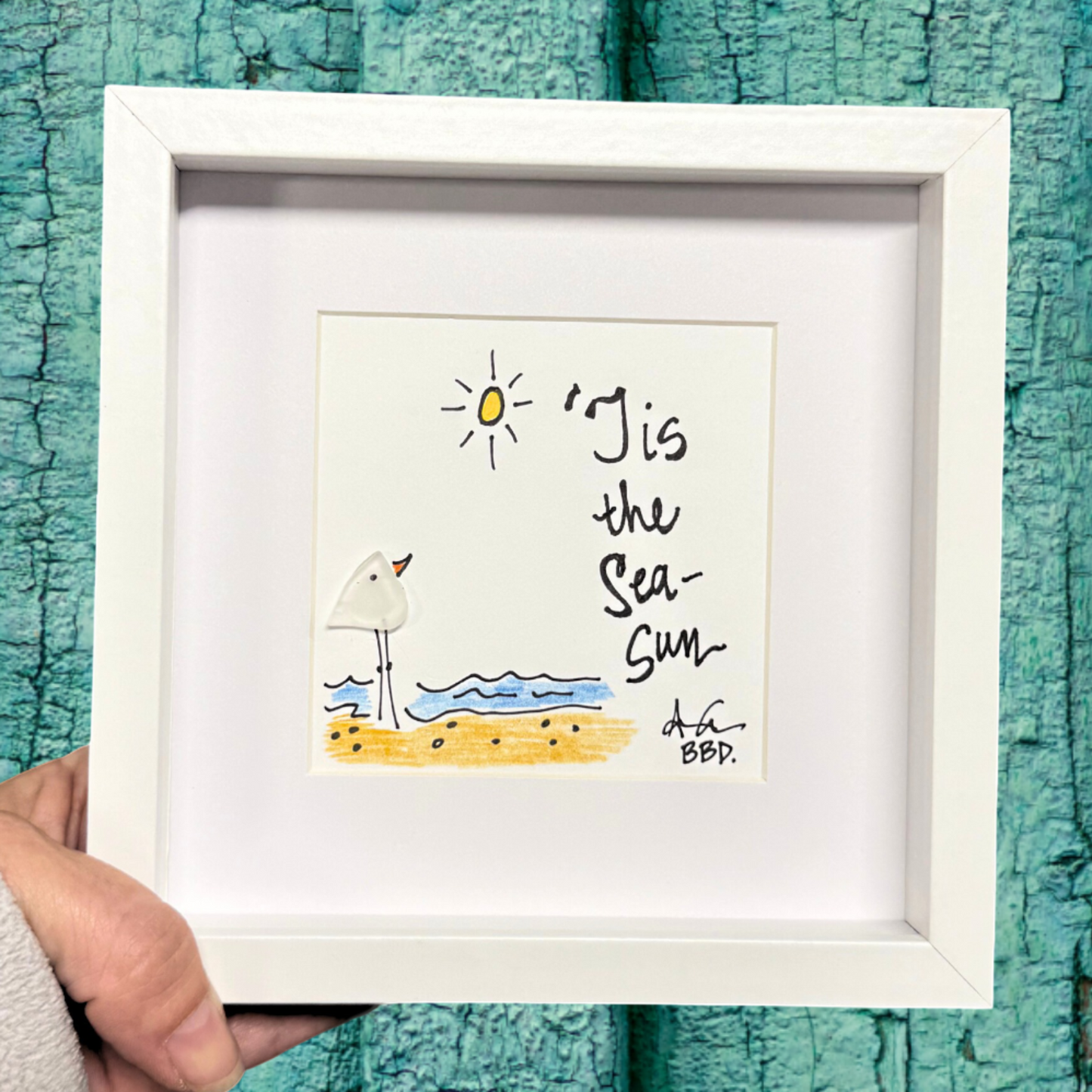 Tis The Sea-Sun Beach scene with sea glass seabird Beach pun  Tis the Season 6inch mini sea glass art 