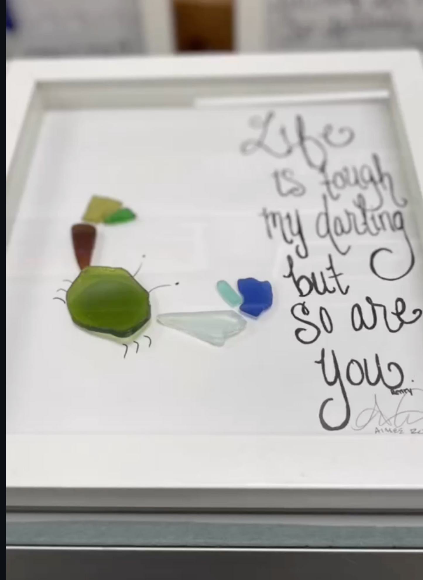 Tough Crab 8in sea glass art framed 