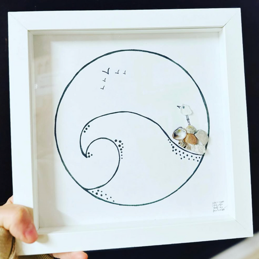Wave 8x8 sea glass art bird shells pebbles 