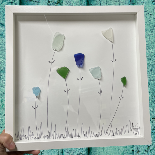 Framed artwork with sea glass flowers Wildflowers Seven _12x 12 inch sea glass art 