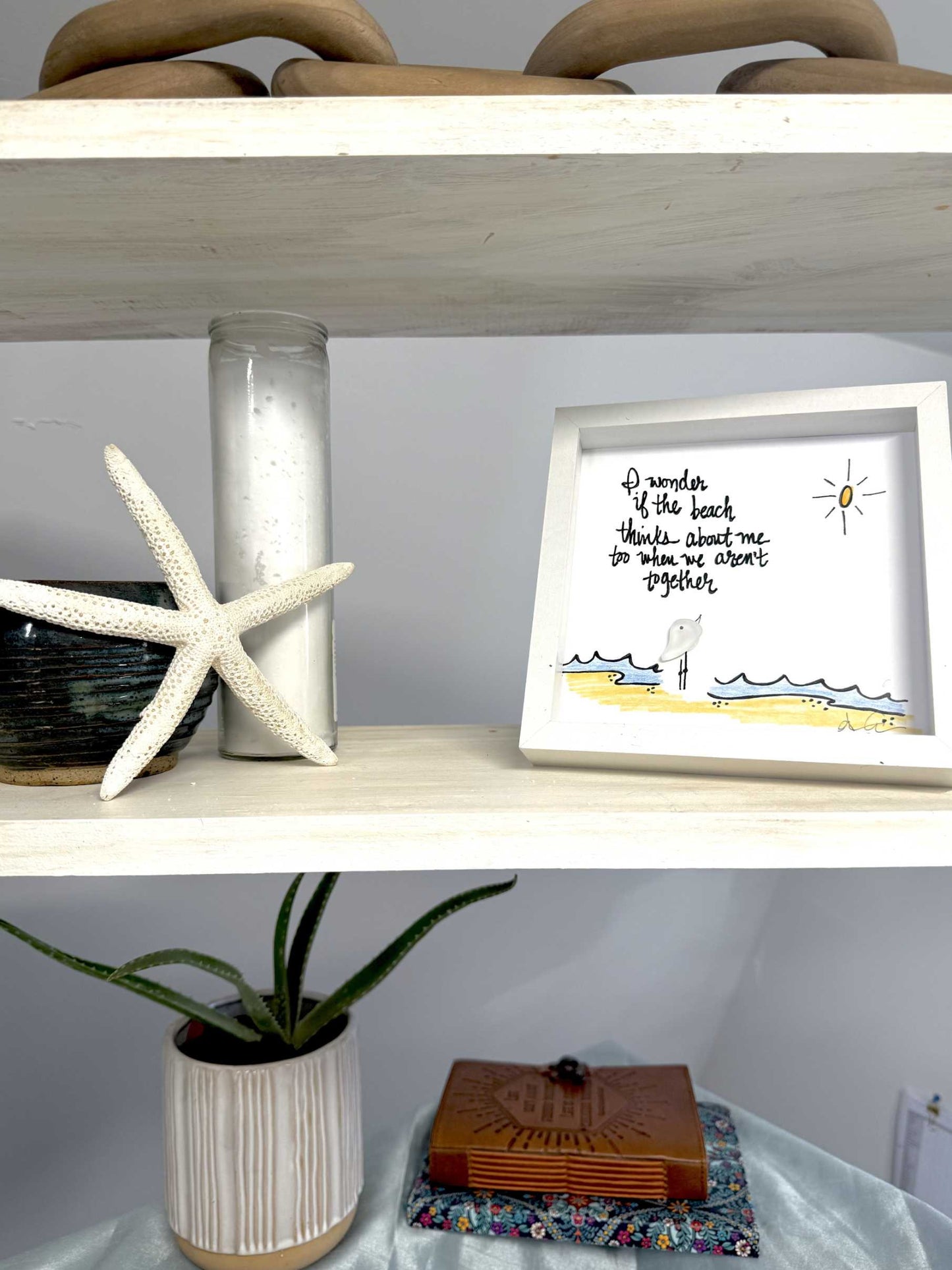 Wonder Beach MINI 6in sea glass art on shelf