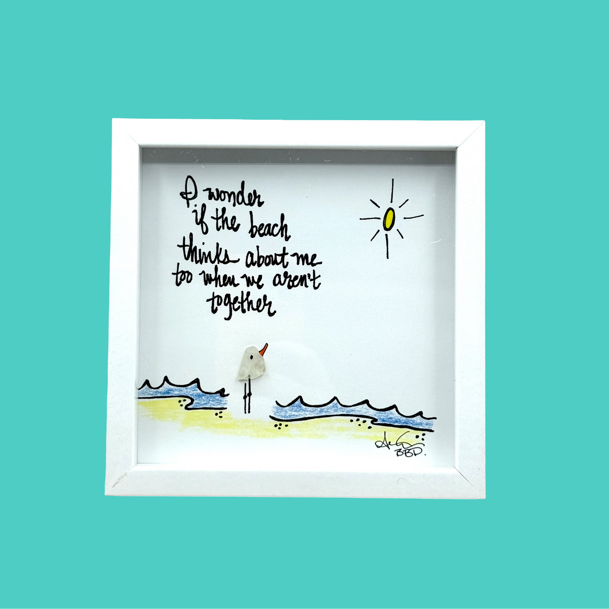 Wonder If The Beach Thinks About Me Too MINI - Sea Glass Art - 6x6 Framed