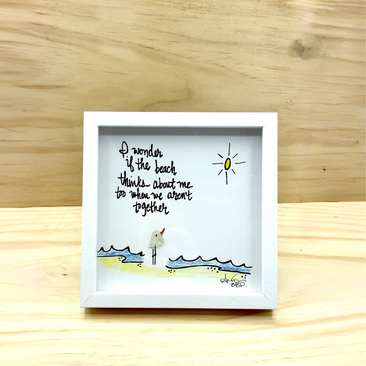 Wonder If The Beach Thinks About Me Too MINI - Sea Glass Art - 6x6 Framed