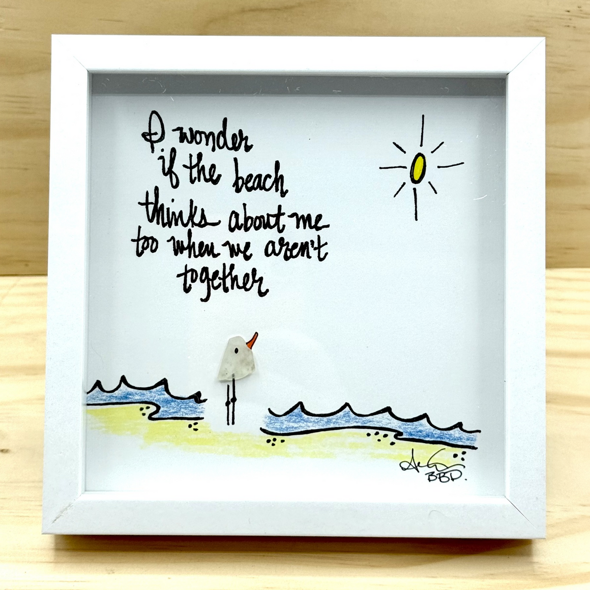 Wonder If The Beach Thinks About Me Too MINI - Sea Glass Art - 6x6 Framed