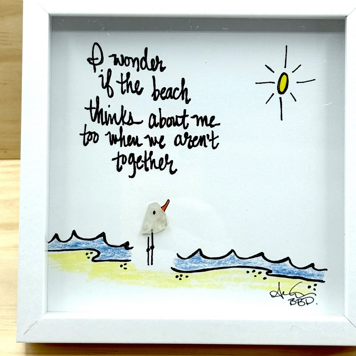 Wonder If The Beach Thinks About Me Too MINI - Sea Glass Art - 6x6 Framed