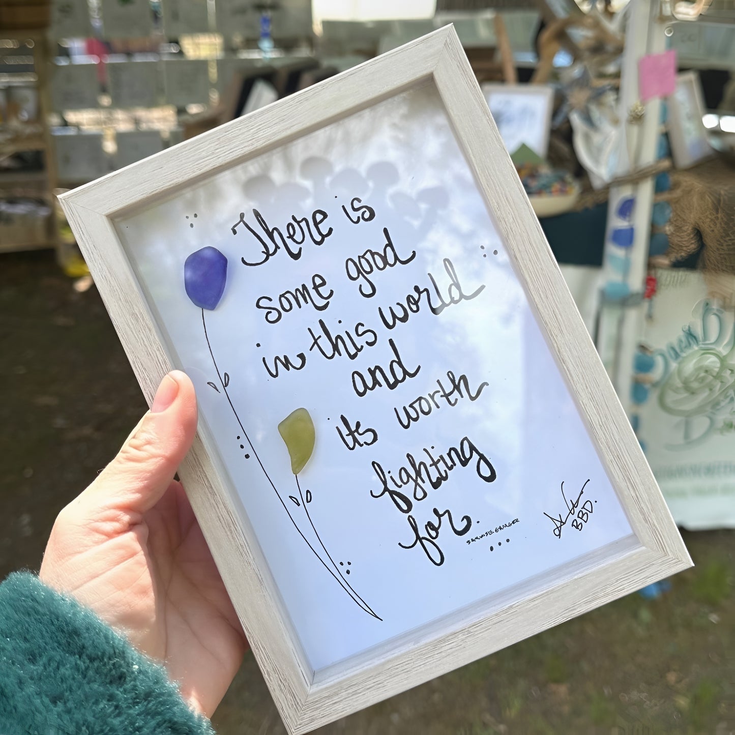 Worth Fighting For LOTR - SLIM Sea Glass Art,  5x7 Whitewash Frame