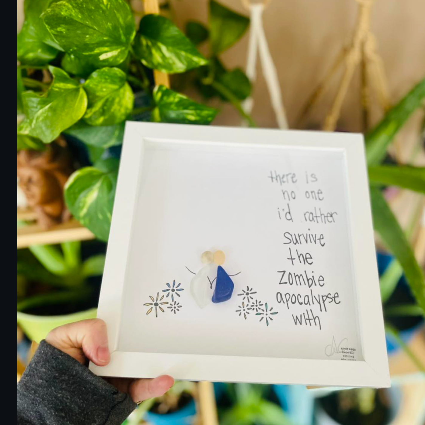 Zombie Apocalypse - Funny Sea Glass Art, Romantic Gift, BFF Present, Christmas Decor, 8x8 framed