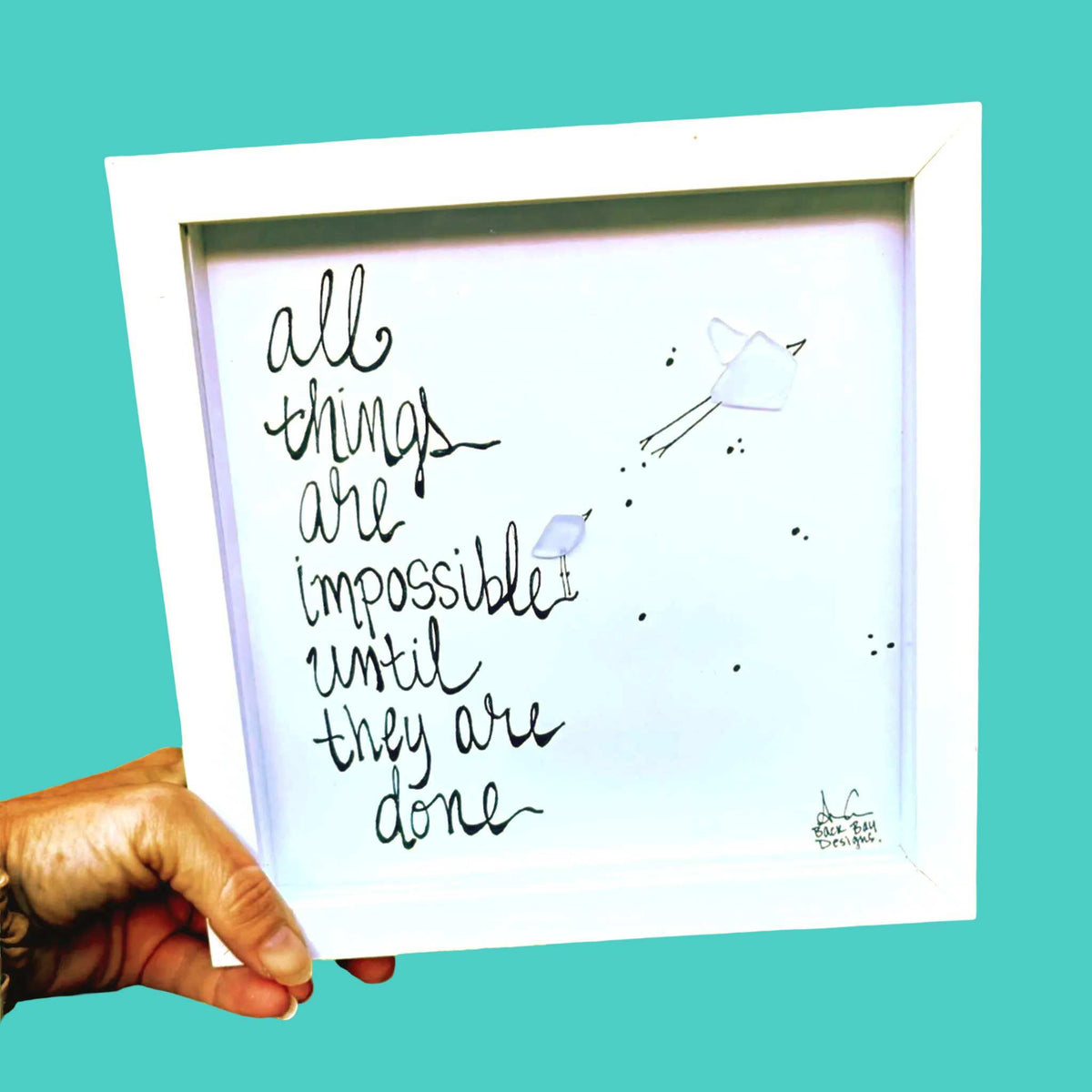 Impossible Until Its Done - Sea Glass Art, Graduation Gift, Office Classroom Decor, 8x8 framed