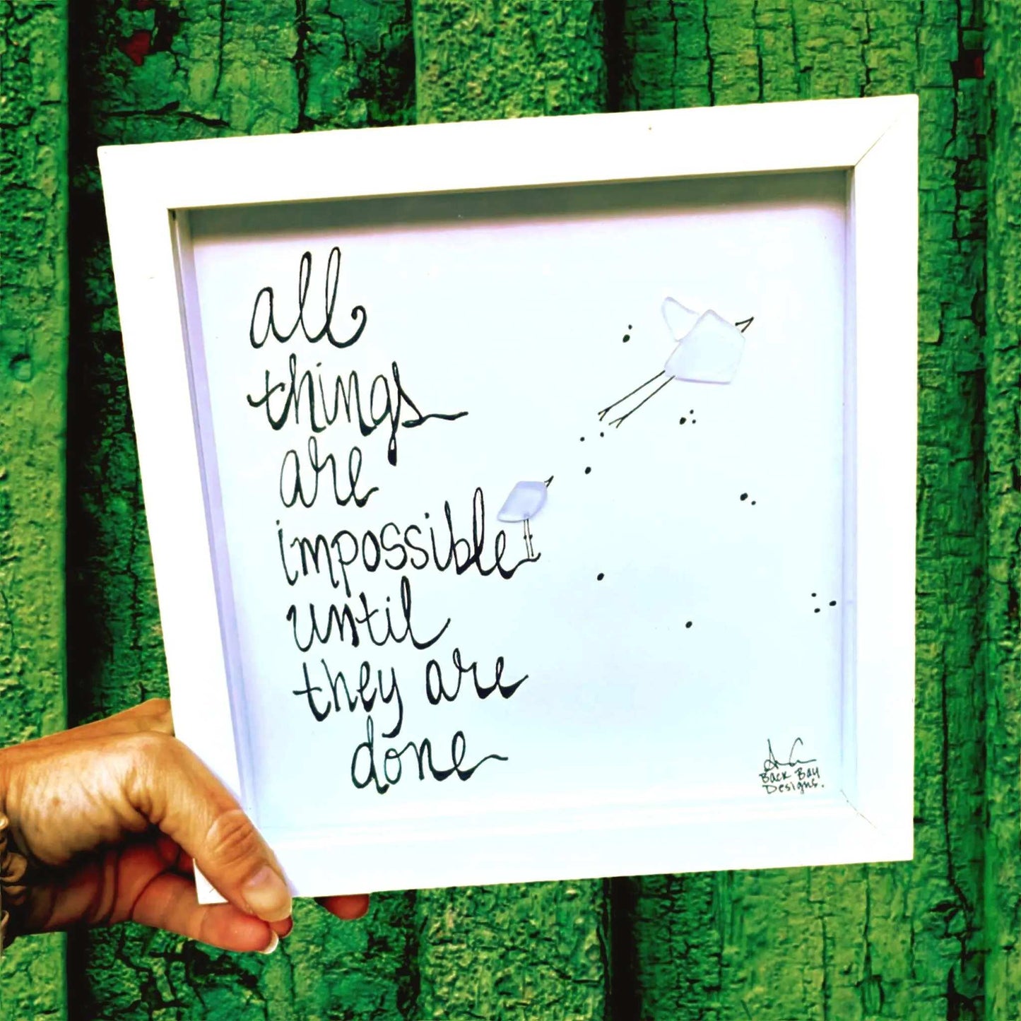 Impossible Until Its Done - Sea Glass Art, Graduation Gift, Office Classroom Decor, 8x8 framed