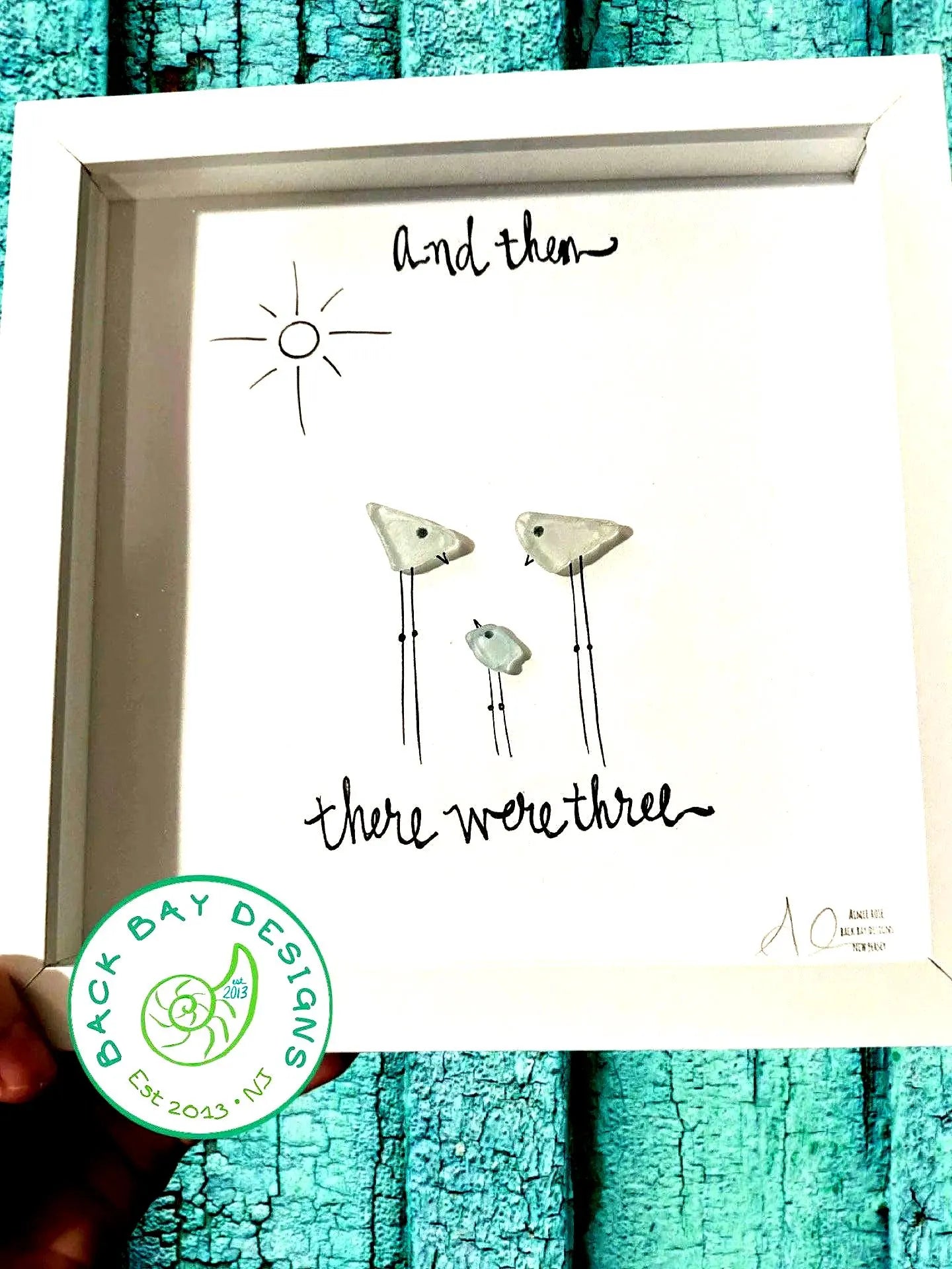 And Then There Were 3 - New Baby First Baby Sea Glass Art - Original Design, 8x8 Framed