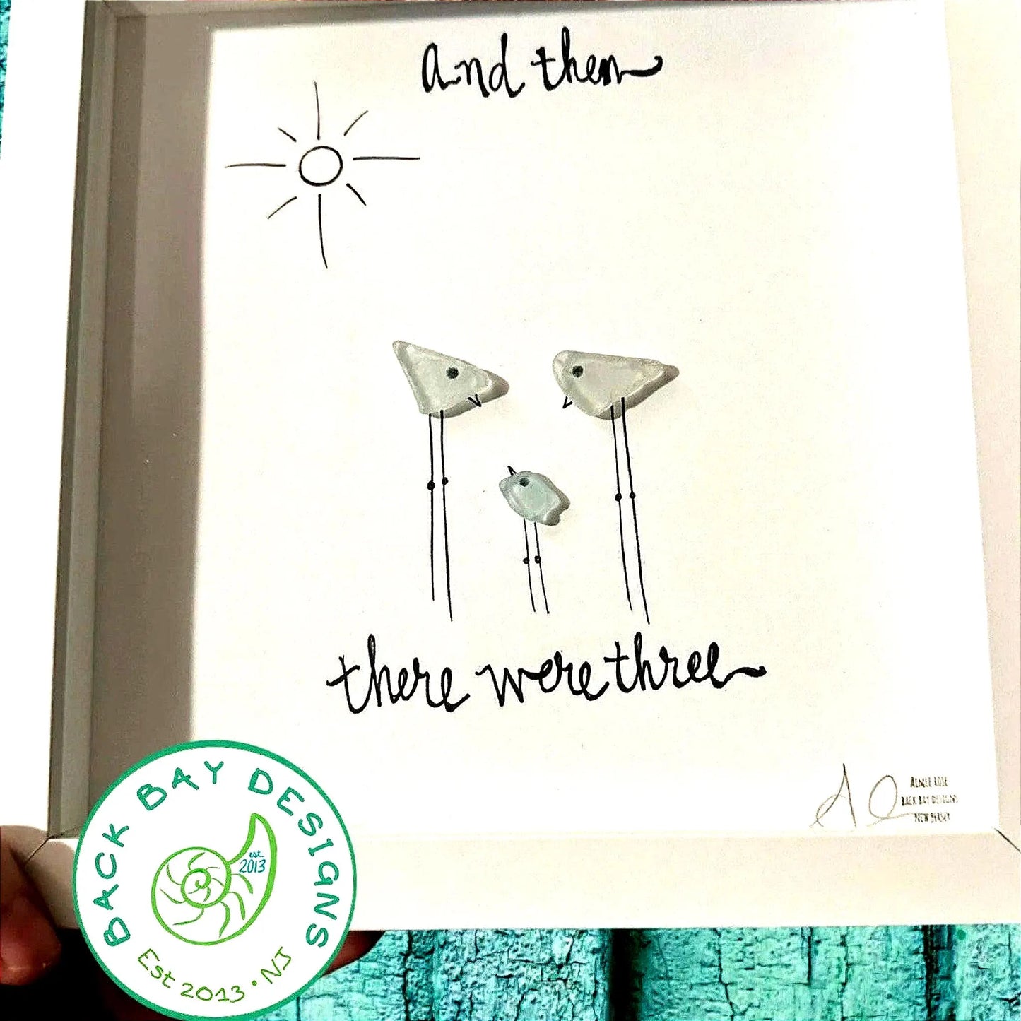 And Then There Were 3 - New Baby First Baby Sea Glass Art - Original Design, 8x8 Framed