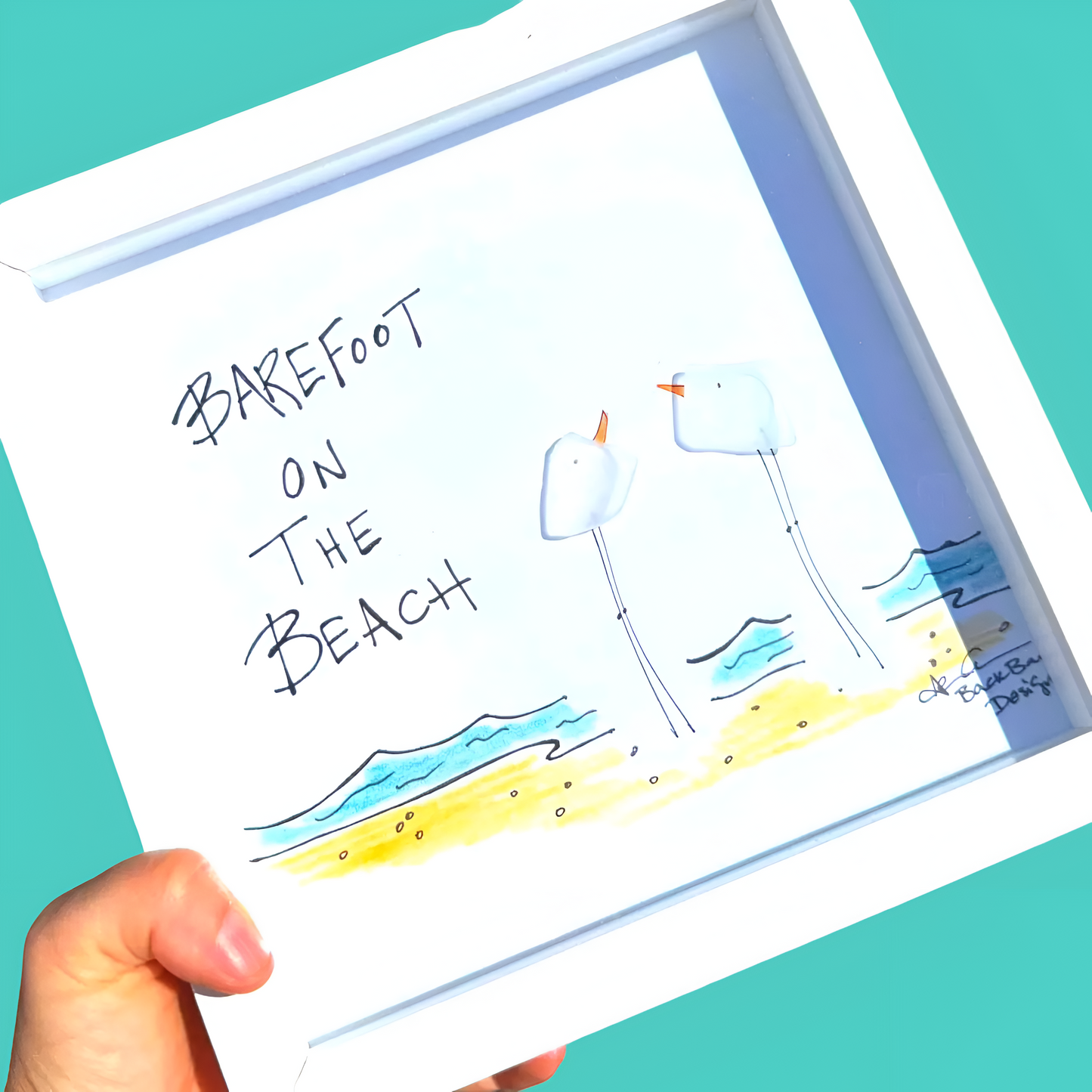 Barefoot on The Beach - Sea Glass Art, Happy Memories Gift, Coastal Decor, 8x8 Framed