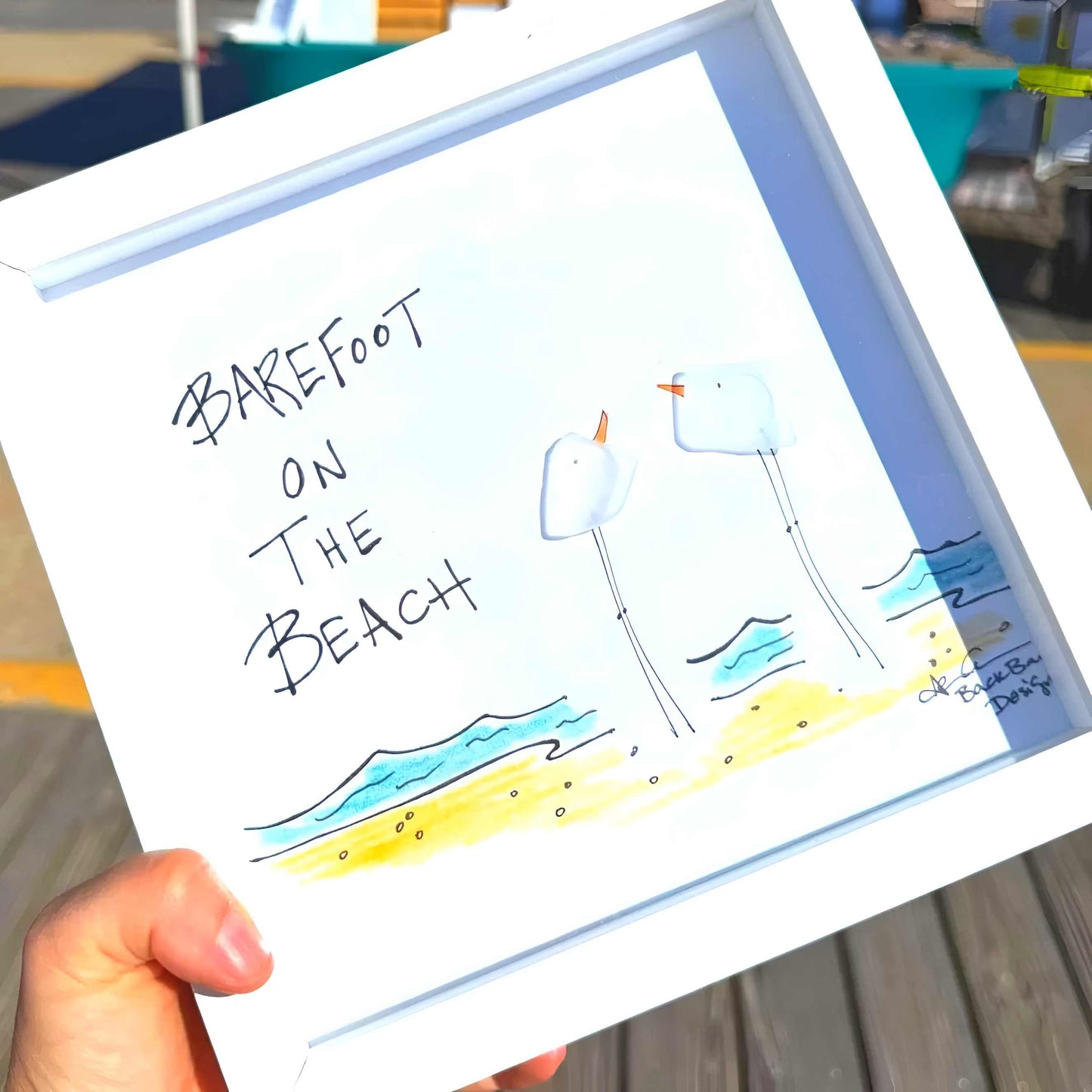 Barefoot on The Beach - Sea Glass Art, Happy Memories Gift, Coastal Decor, 8x8 Framed