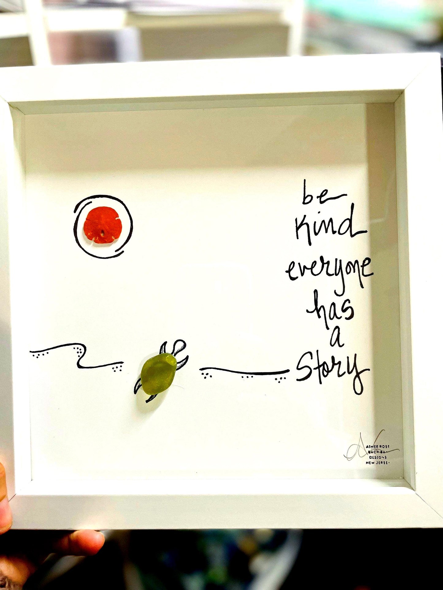 Be Kind Turtle, Everyone Has a Story - Sea Glass Art, Gratitude Reminder, 8x8 framed