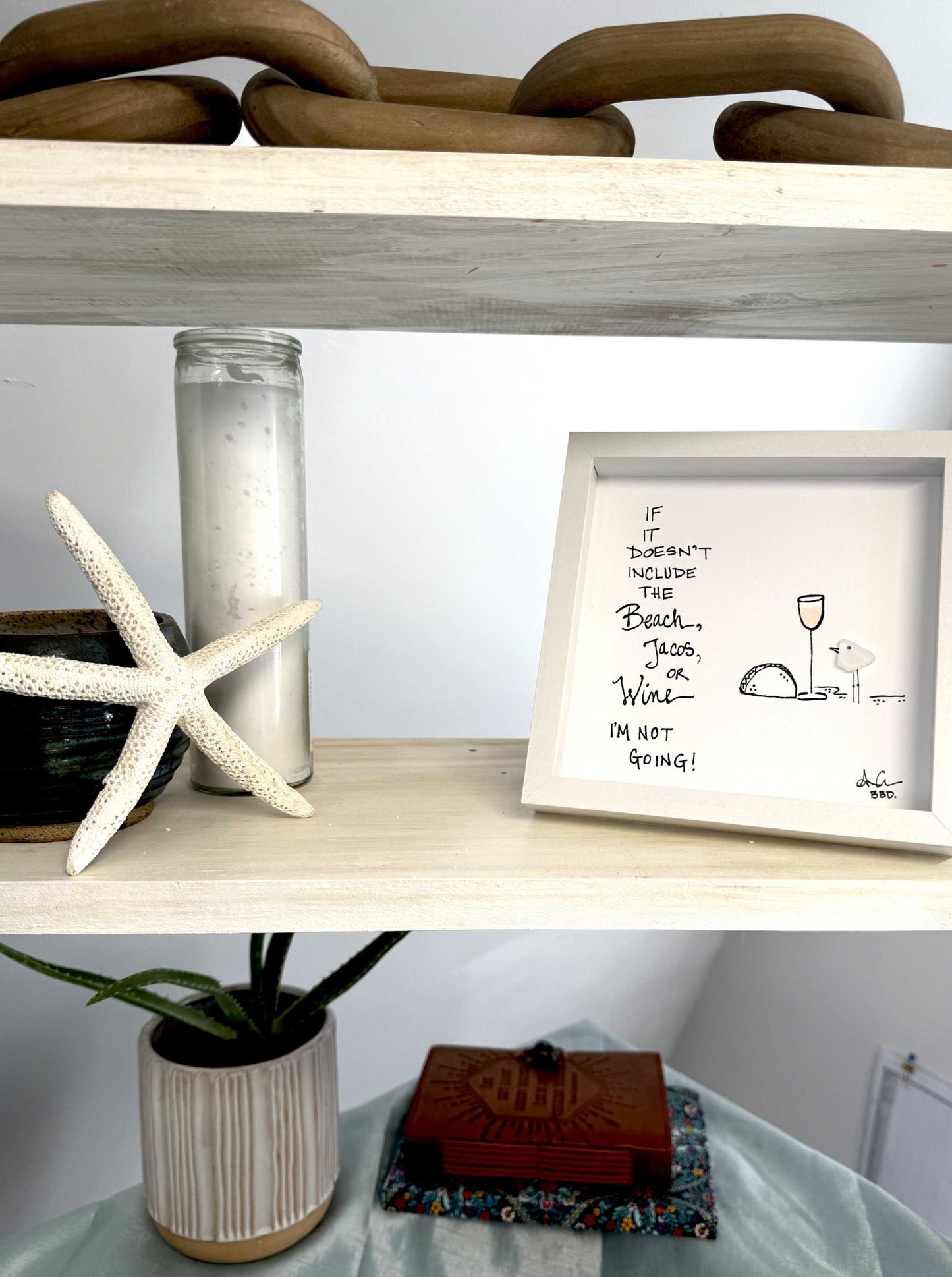 beach wine tacos MINI 6in on shelf sea glass art 