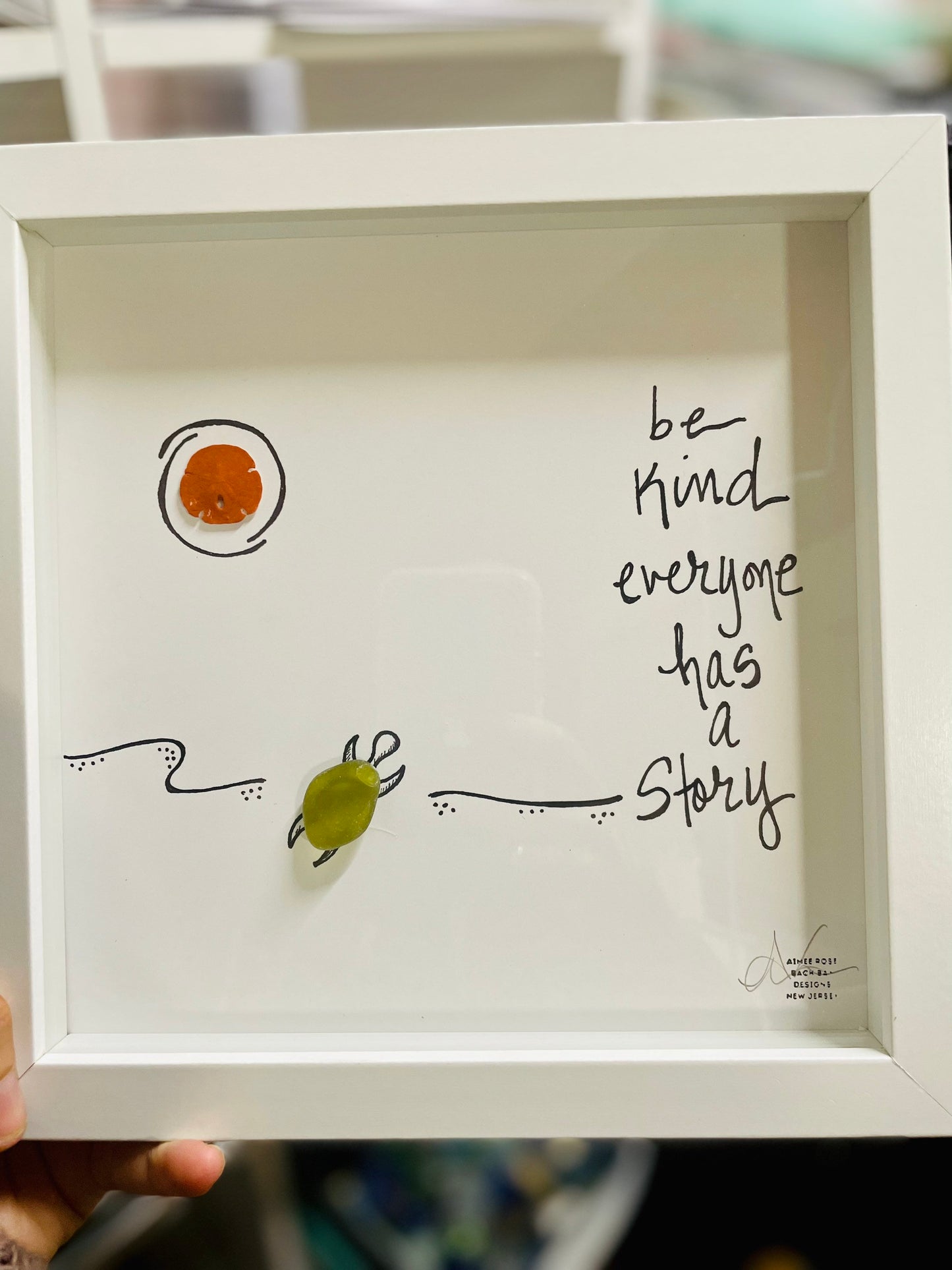 Be Kind Turtle, Everyone Has a Story - Sea Glass Art, Gratitude Reminder, 8x8 framed