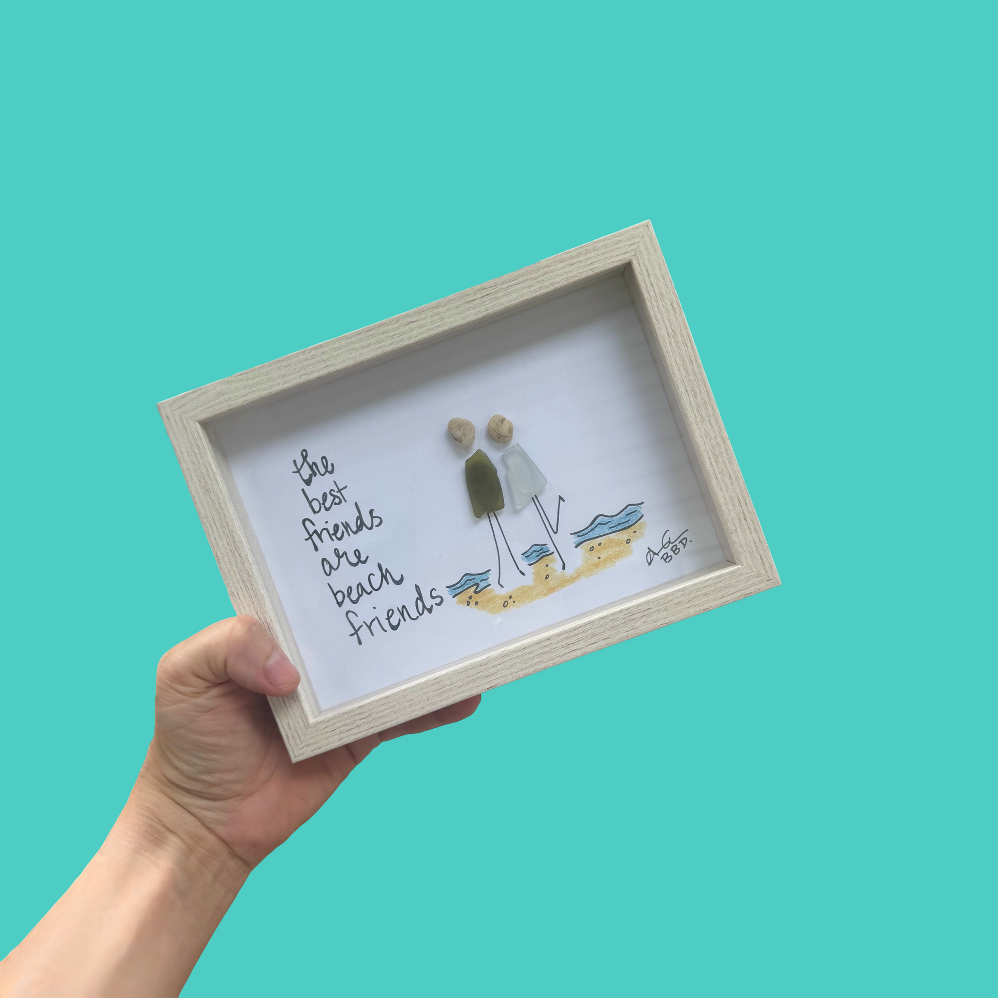 best_friends_are_beach_friends_5x7_on_TEAL hand held "the best friends are beach friends." 2 sea glass people one with heel kicked up in joy on hand drawn colorful beach 