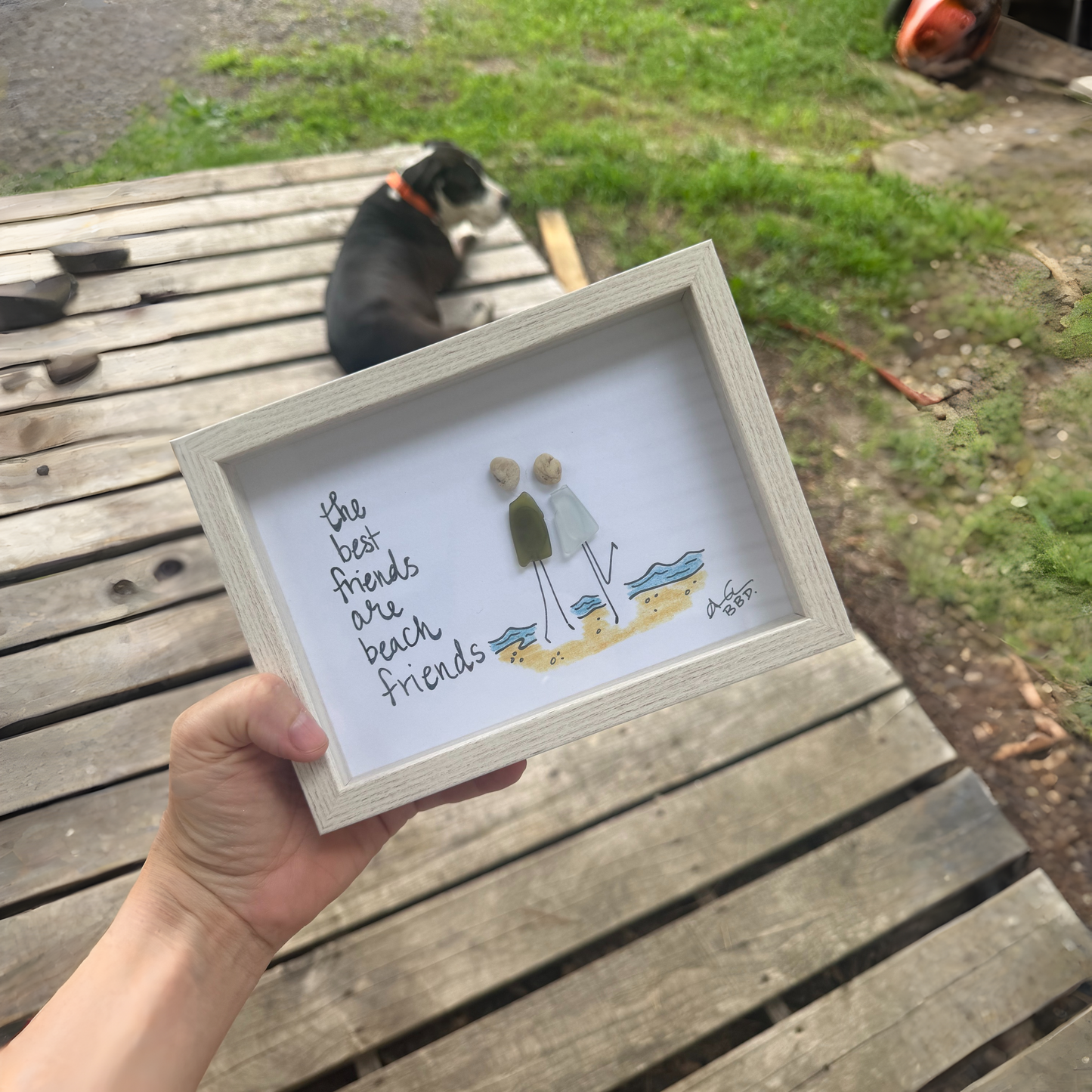 Best Friends are Beach Friends - SLIM Sea Glass Art,  5x7 Whitewash Frame