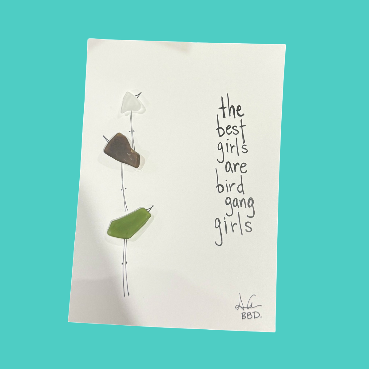 FAR "the best girls are bird gang girls" 3 hand drawn sea glass birds in a stack with white green brown eagles football colors 