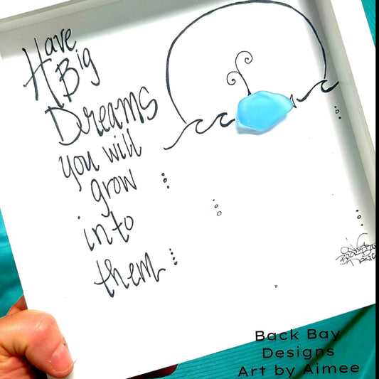 Big Dreams Whale - Sea Glass Art, Graduation Gift, Inspirational Nautical Decor, 8x8 Framed