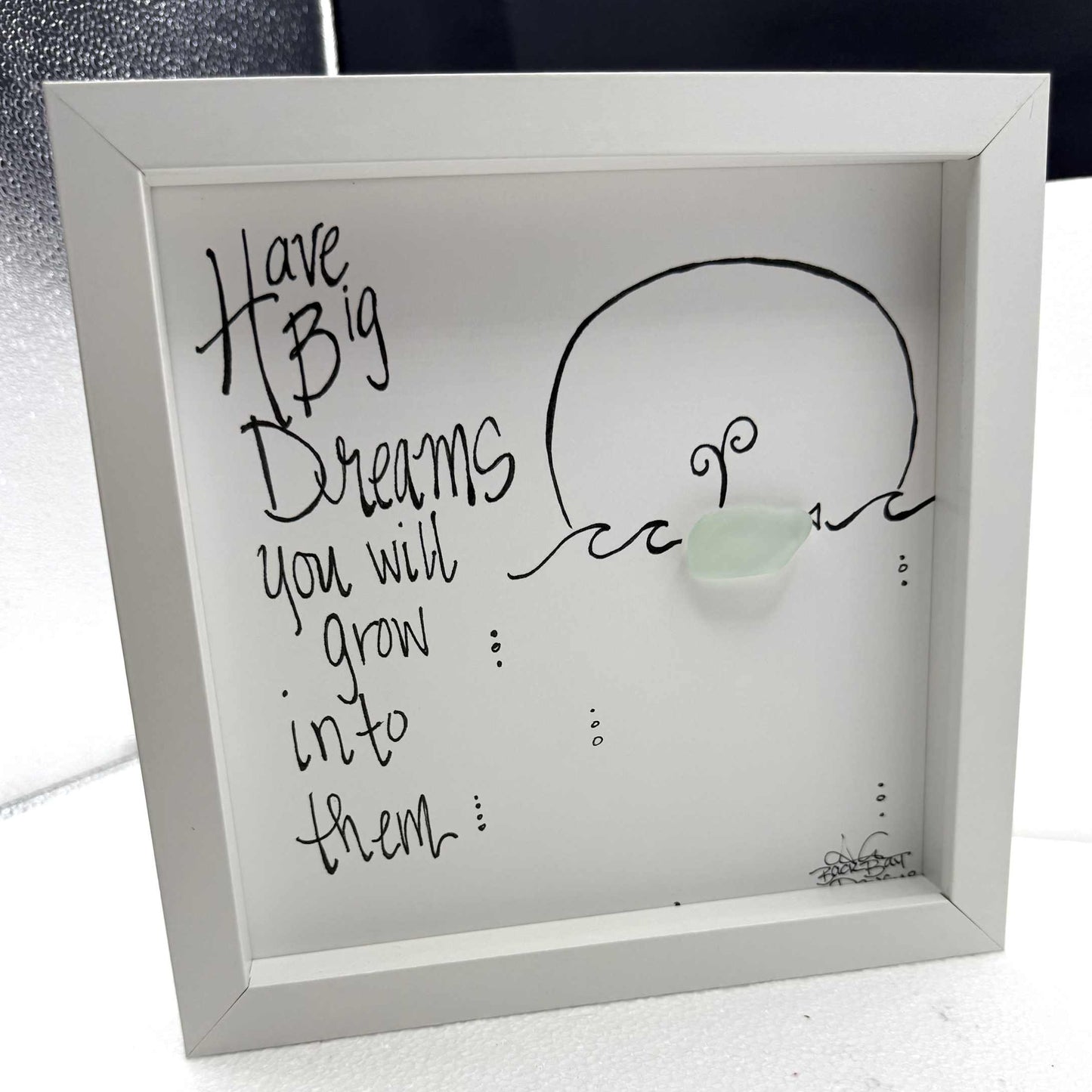 Big Dreams Whale - Sea Glass Art, Graduation Gift, Inspirational Nautical Decor, 8x8 Framed