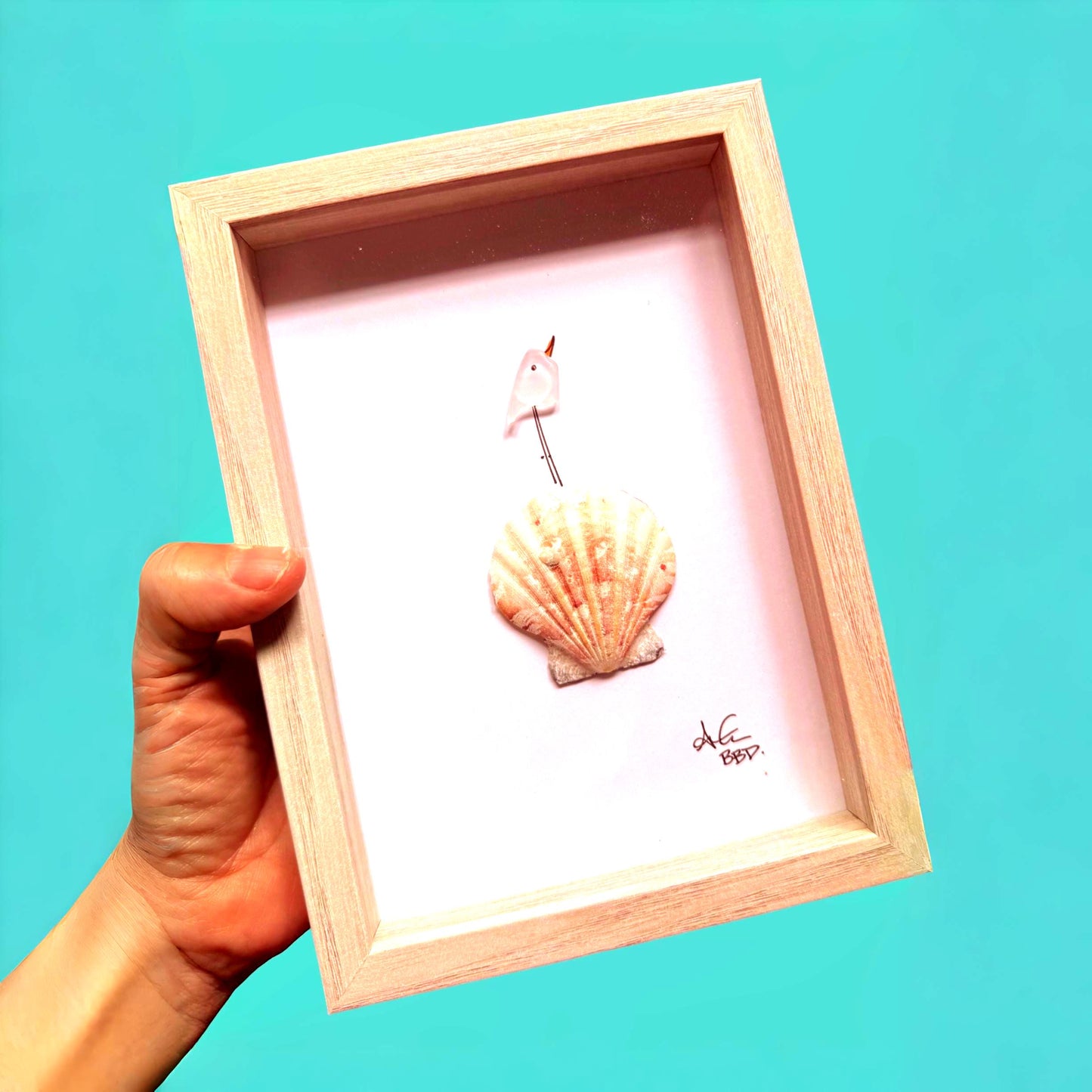 Bird on Scallop Shell  - SLIM Sea Glass Art,  5x7 Whitewash Frame