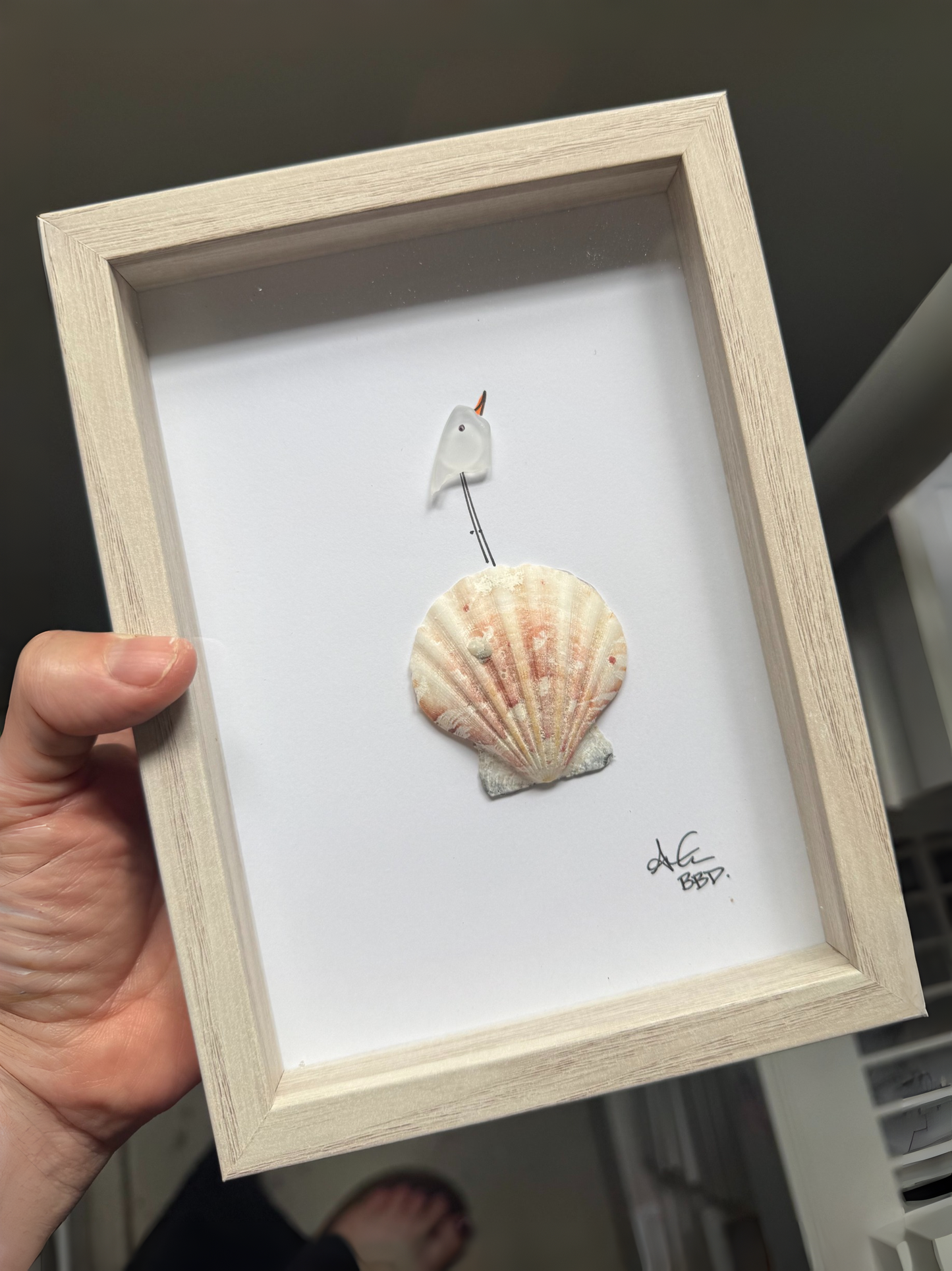 Bird on Scallop Shell  - SLIM Sea Glass Art,  5x7 Whitewash Frame