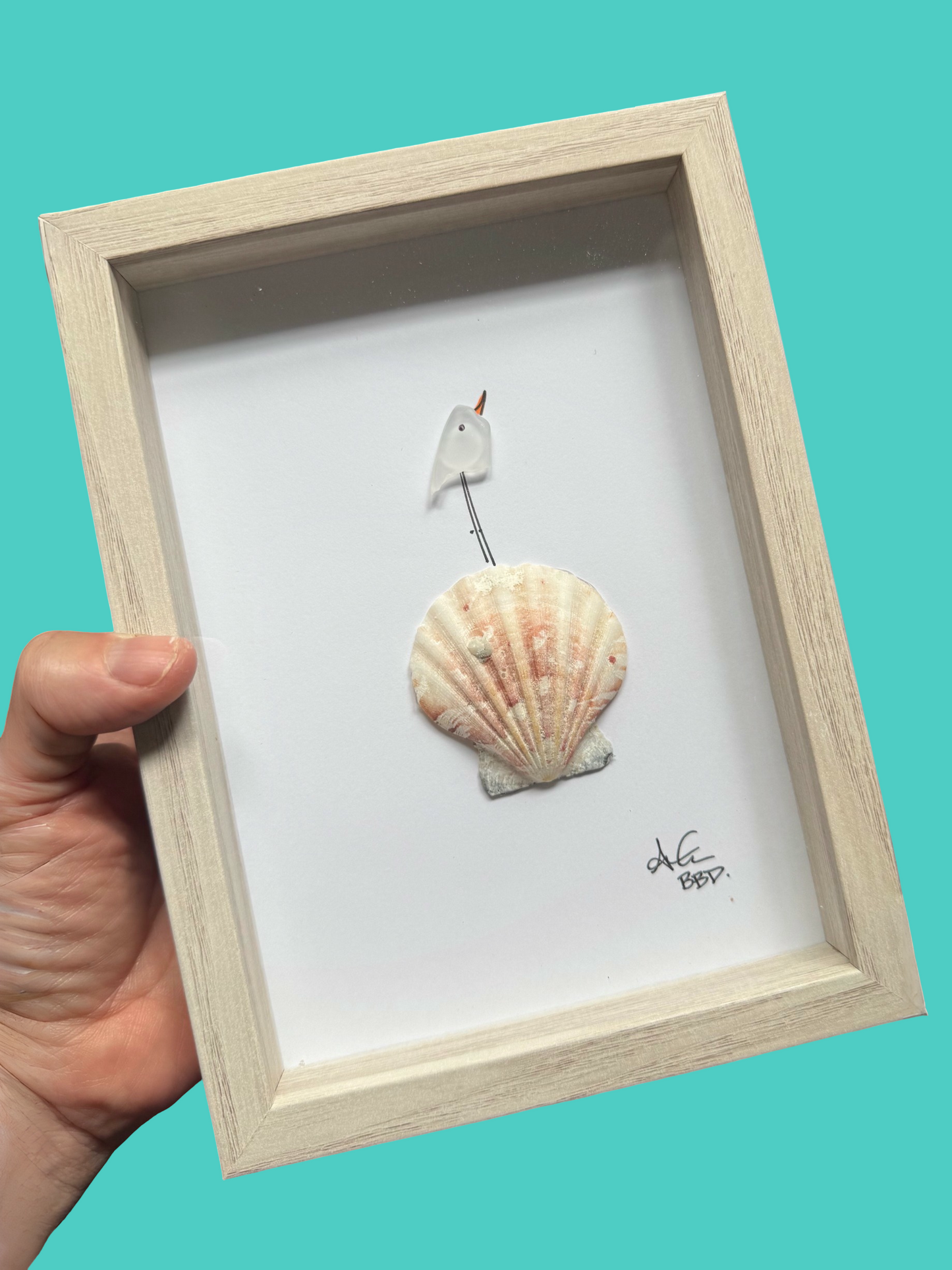 Bird on Scallop Shell  - SLIM Sea Glass Art,  5x7 Whitewash Frame