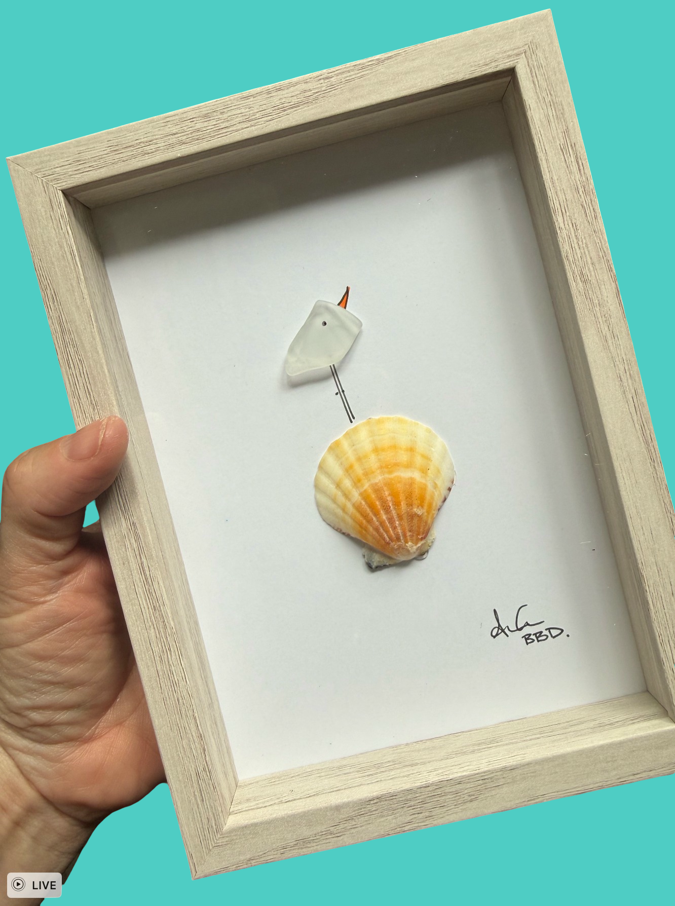 Bird on Shell  - SLIM Sea Glass Art,  5x7 Whitewash Frame