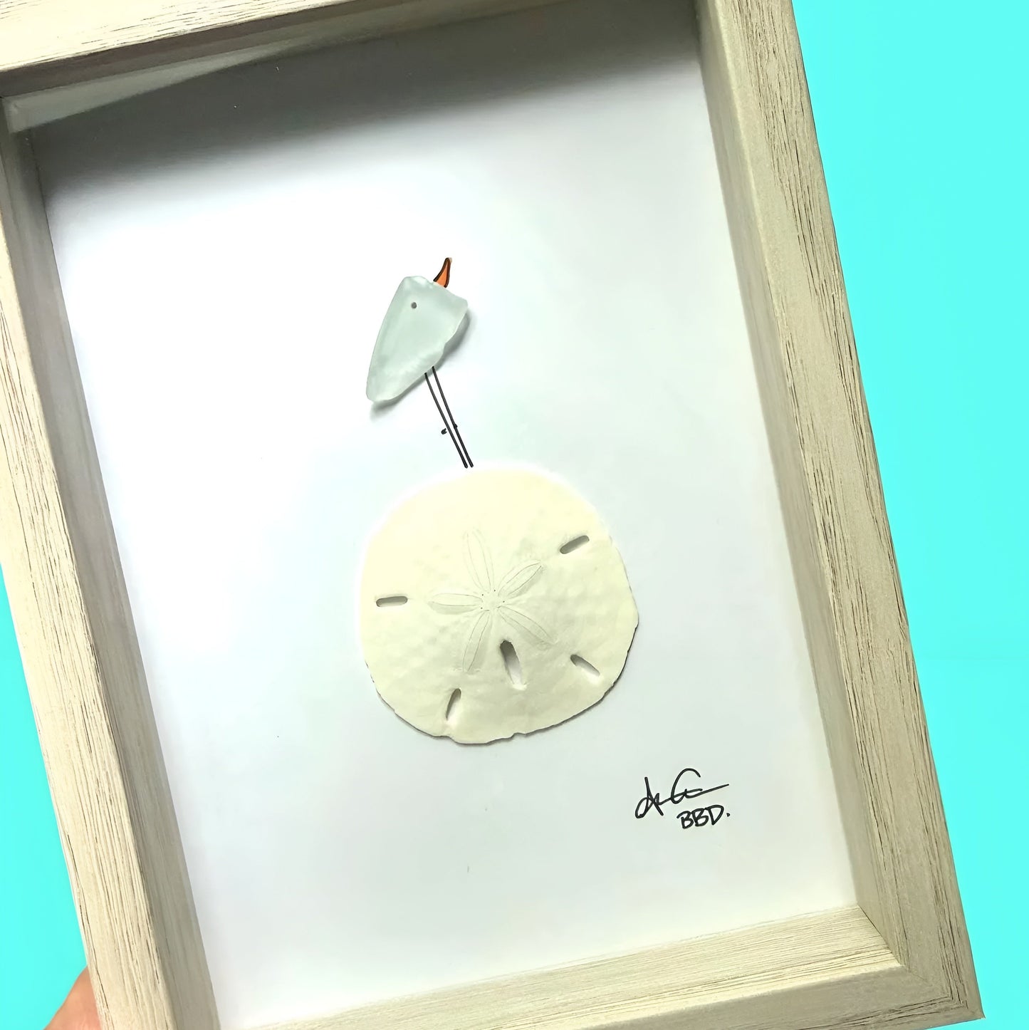 Bird on Sand dollar - SLIM Sea Glass Art,  5x7 Whitewash Frame
