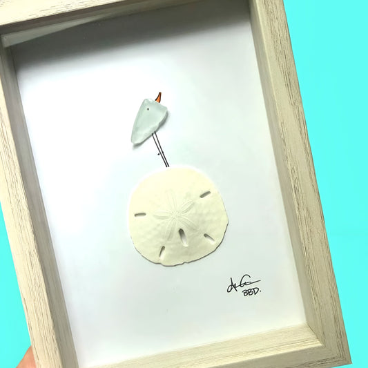 Bird on Sand dollar - SLIM Sea Glass Art,  5x7 Whitewash Frame