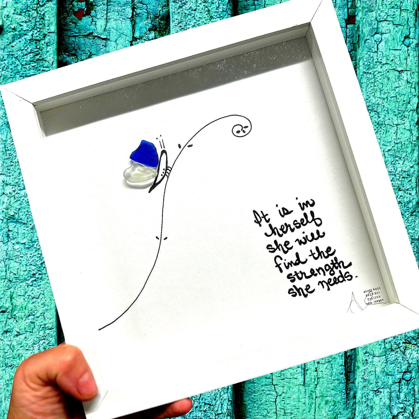Butterfly Strength - Sea Glass Art, Uplifting Meditation Gift, Garden Decor, Perseverance,  8x8 Framed