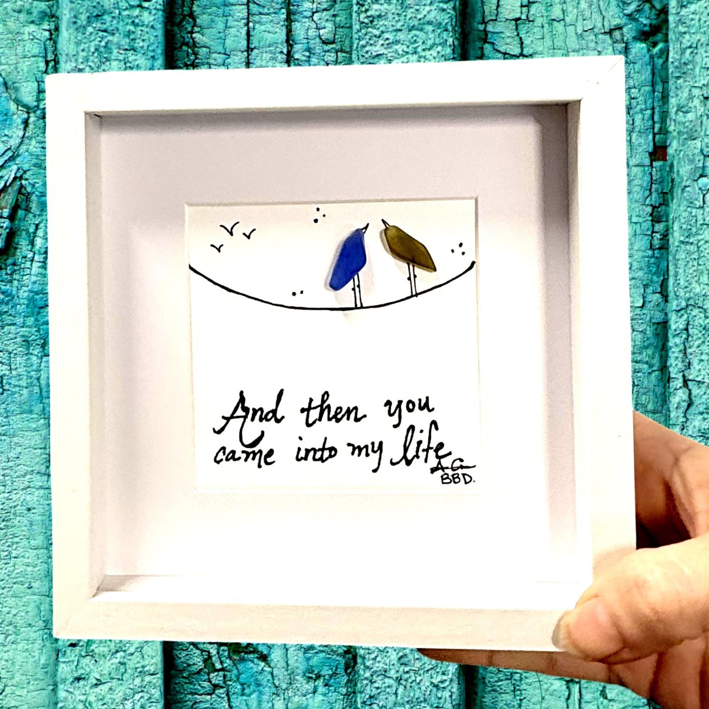 came_into_my_life_birds_on_wire 6in MINI sea glass art 
