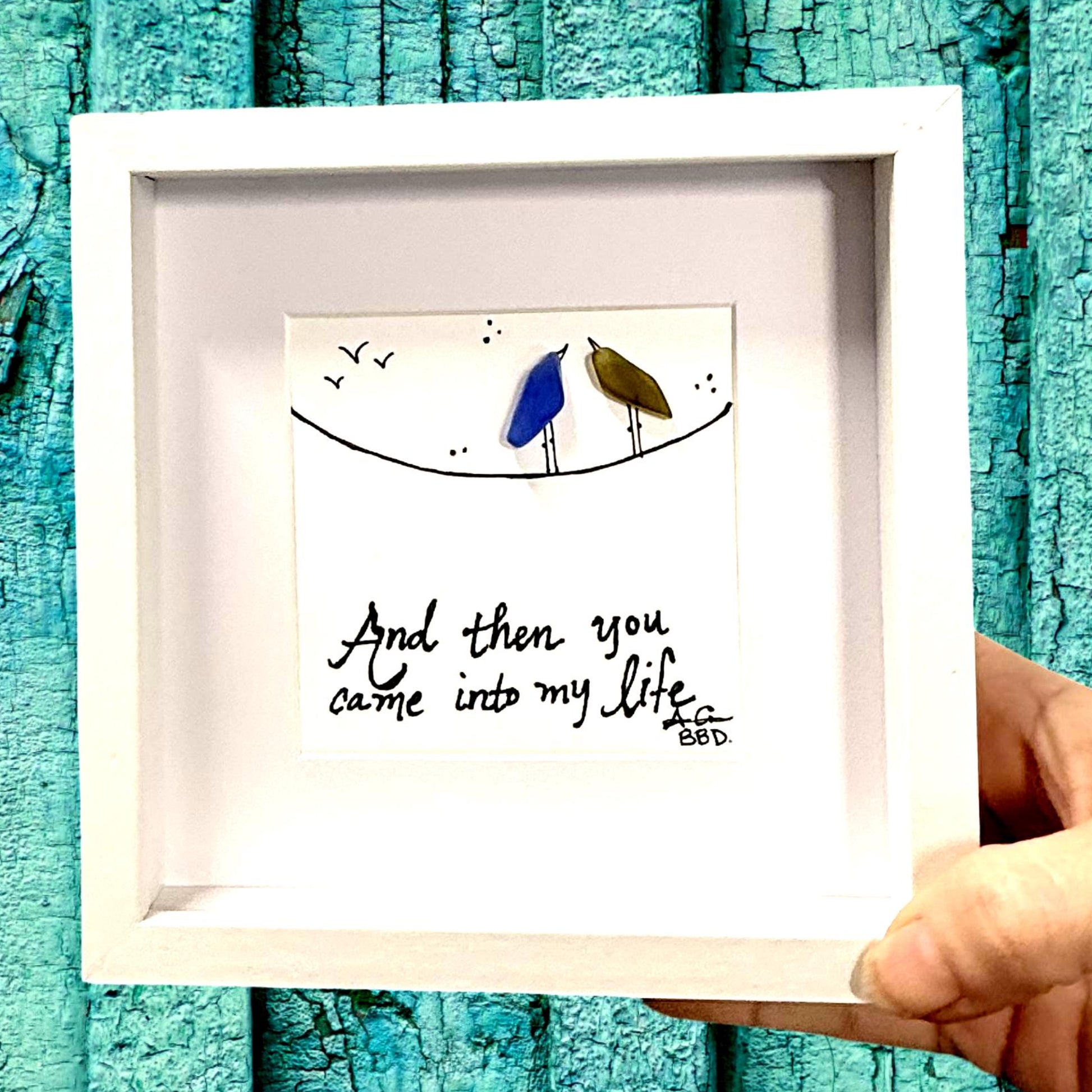 came_into_my_life_birds_on_wire 6in MINI sea glass art 
