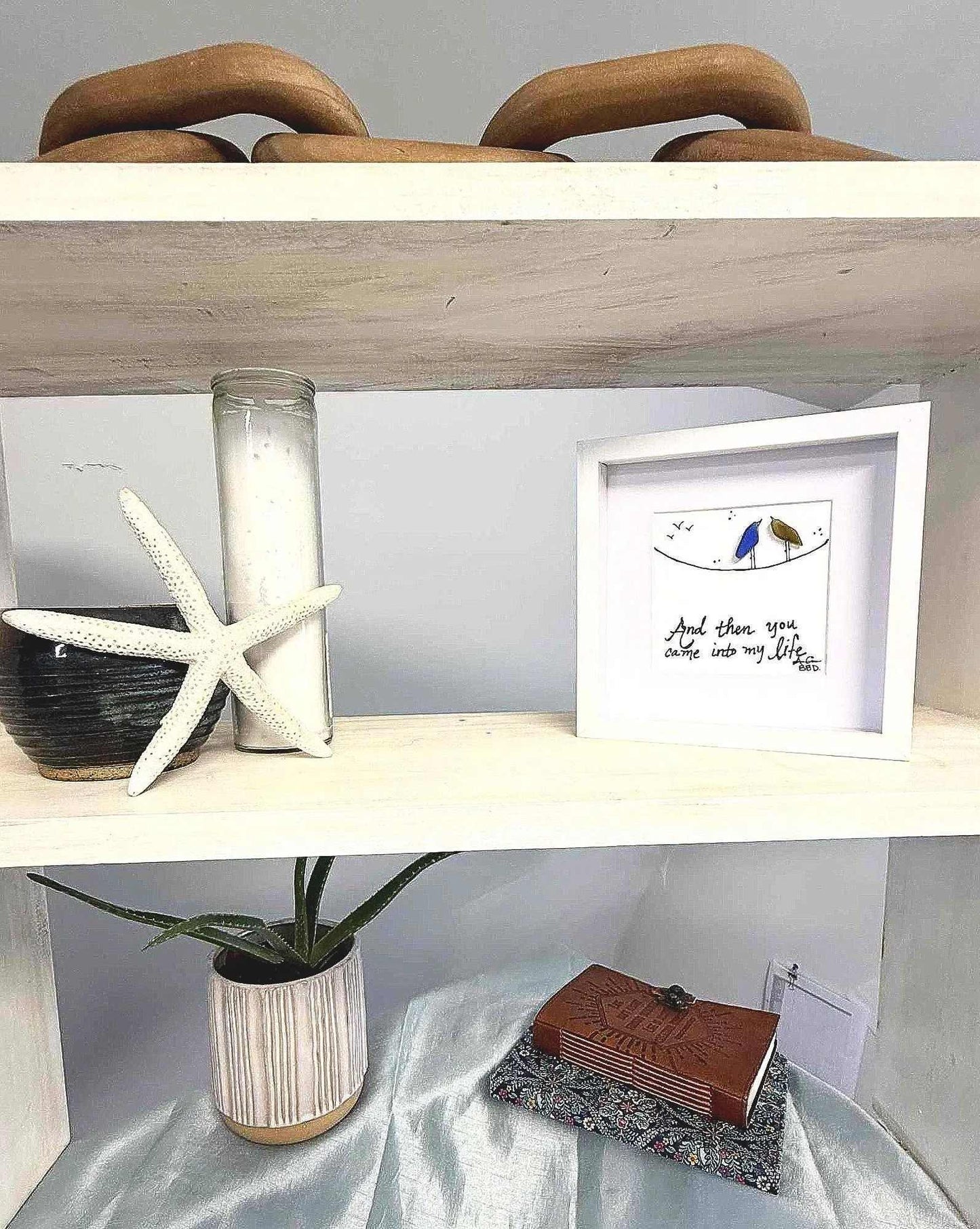 came into my life lovebirds 6in MINI sea glass art n 3 shelves bright