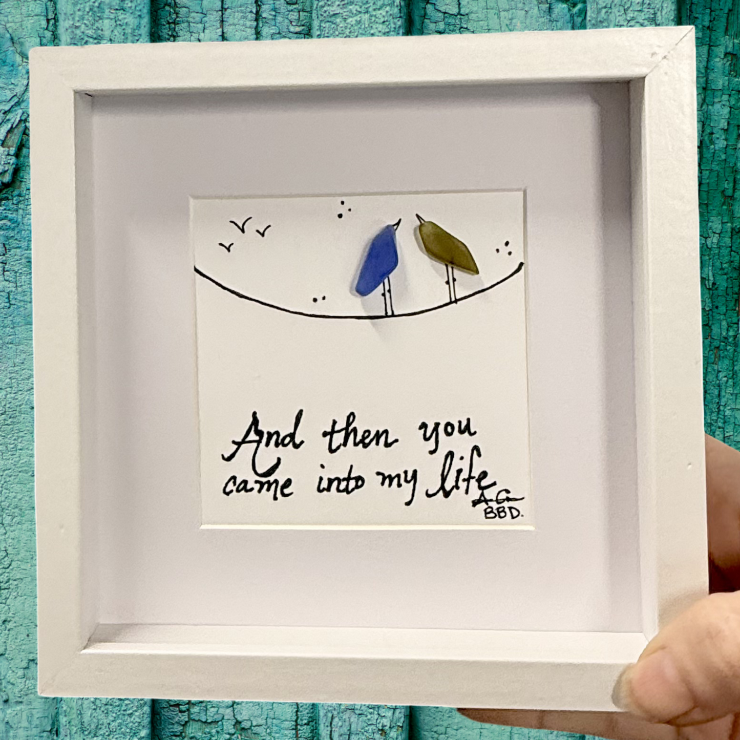 came into my life lovebirds on wire 6in MINI sea glass art on green 