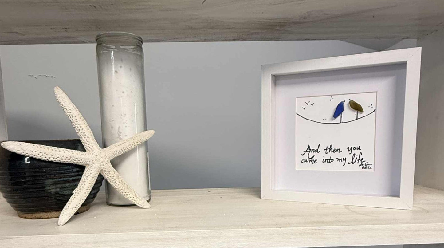 came_into_my_life_lovebirds_on_wire_6in_MINI_sea_glass_art_on_one shelf