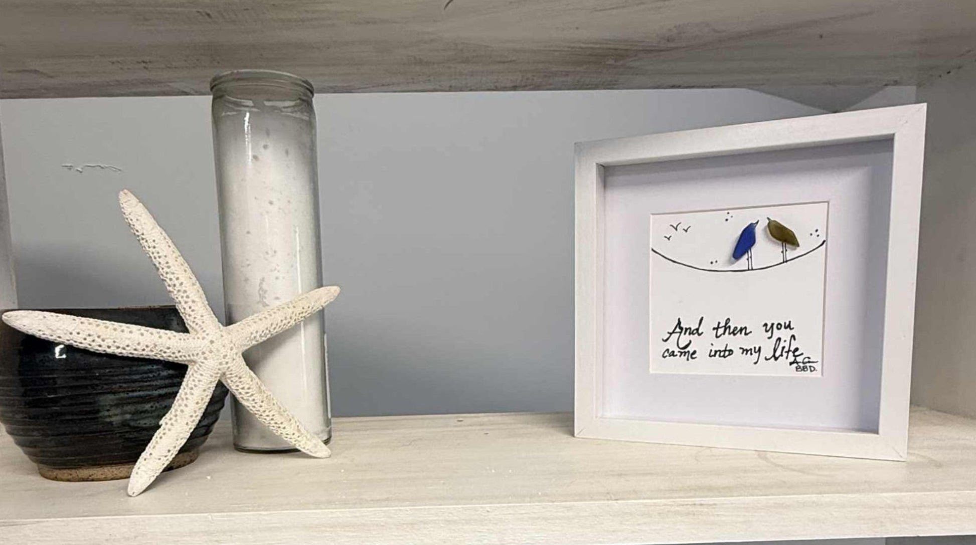 came_into_my_life_lovebirds_on_wire_6in_MINI_sea_glass_art_on_one shelf