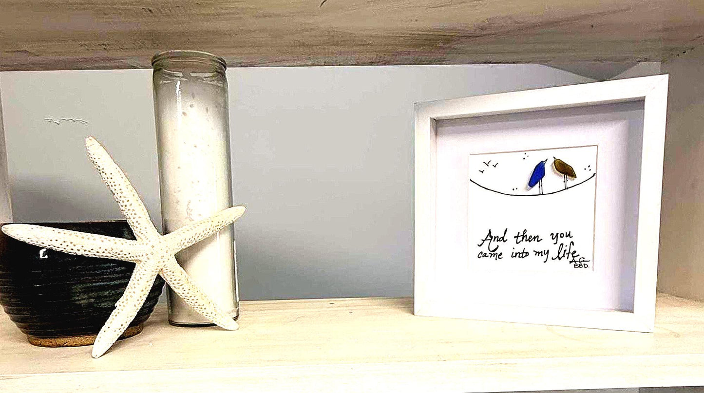 Came Into My Life Lovebirds on Wire MINI - Sea Glass Art - 6x6 Framed