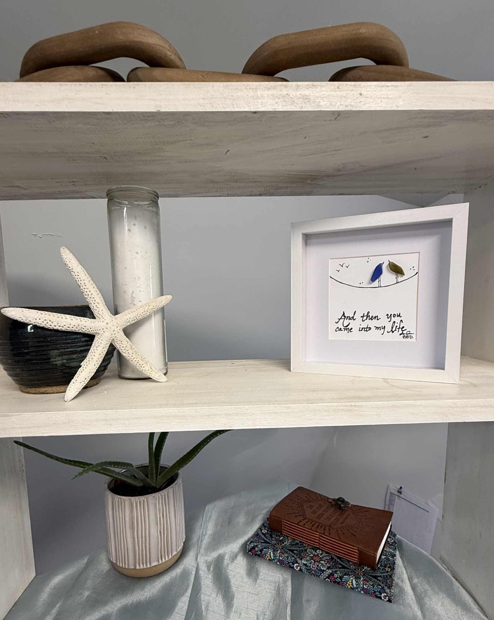 came into my life lovebirds on wire 6in MINI sea glass art on shelf 3