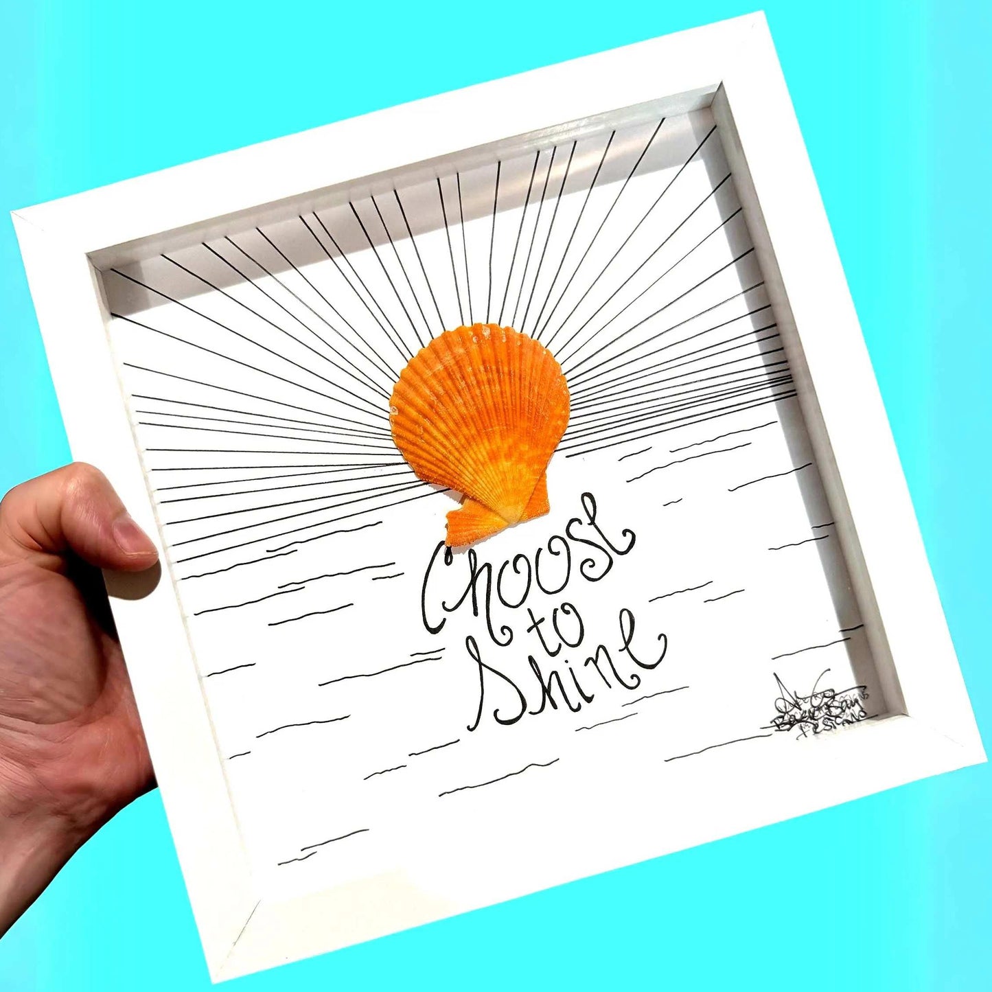choosetoshineorange_brighter CLOSE "Choose To Shine" Real sea shell as he sun, giving off hand drawn sun rays over the ocean ripples