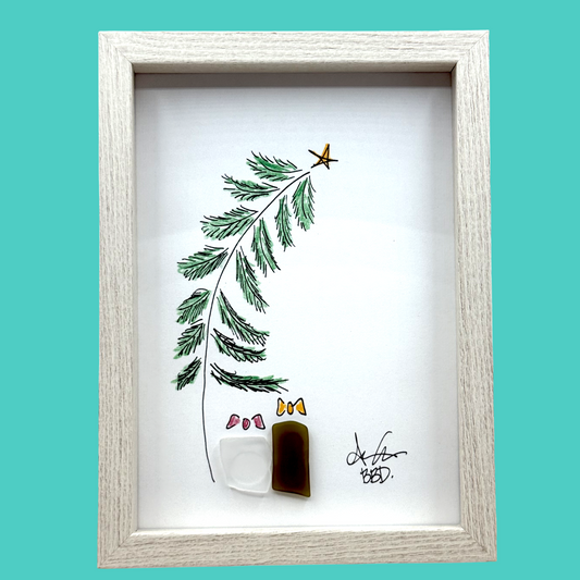 Classy Conifer Christmas Tree and Presents - SLIM Sea Glass Art,  5x7 Whitewash Frame